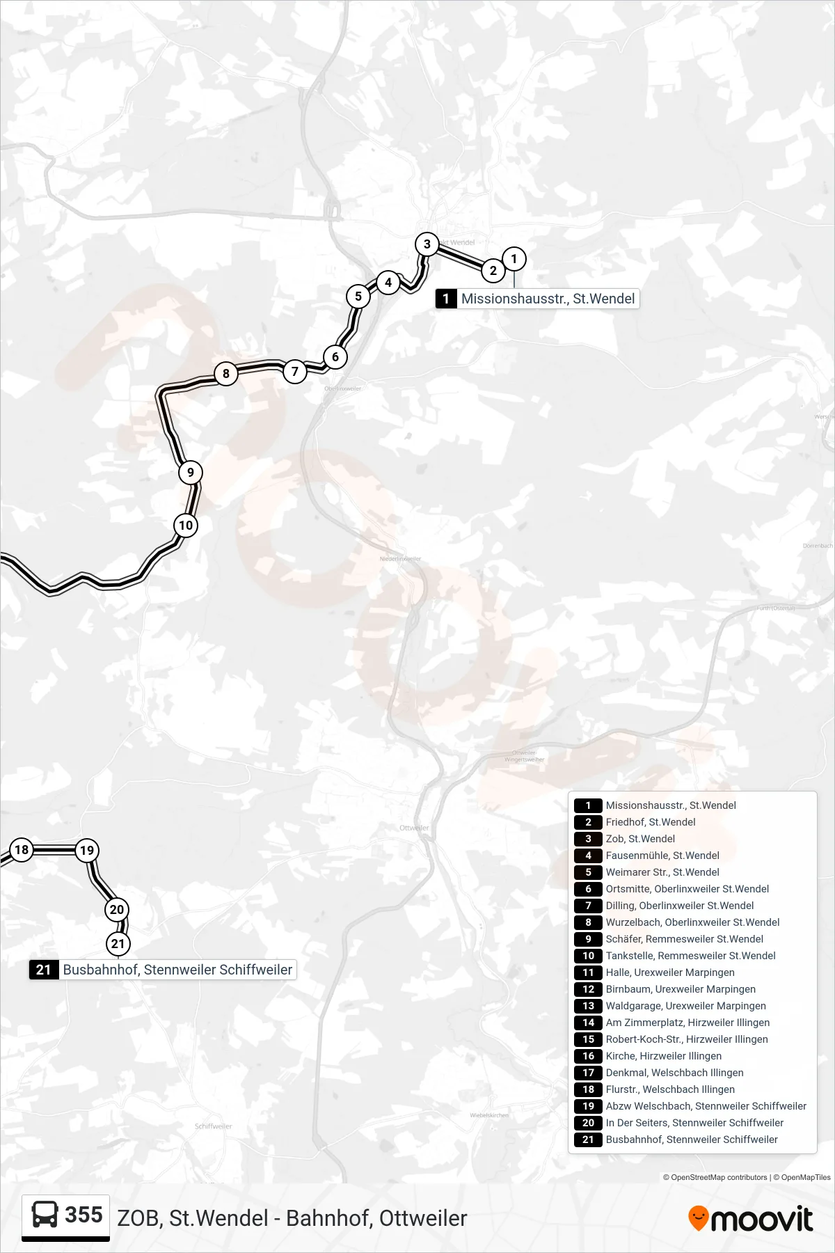 355 bus Line (Busbahnhof, Stennweiler Schiffweiler) route and stops on a map