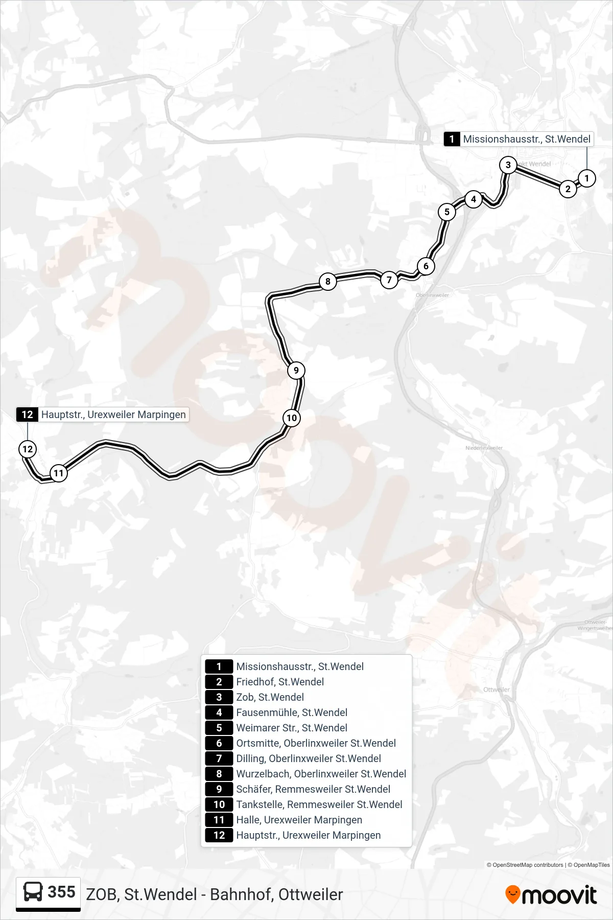 Linie 355 (Bus) Richtung Hauptstr., Urexweiler Marpingen: Route und Haltestellen auf der Karte