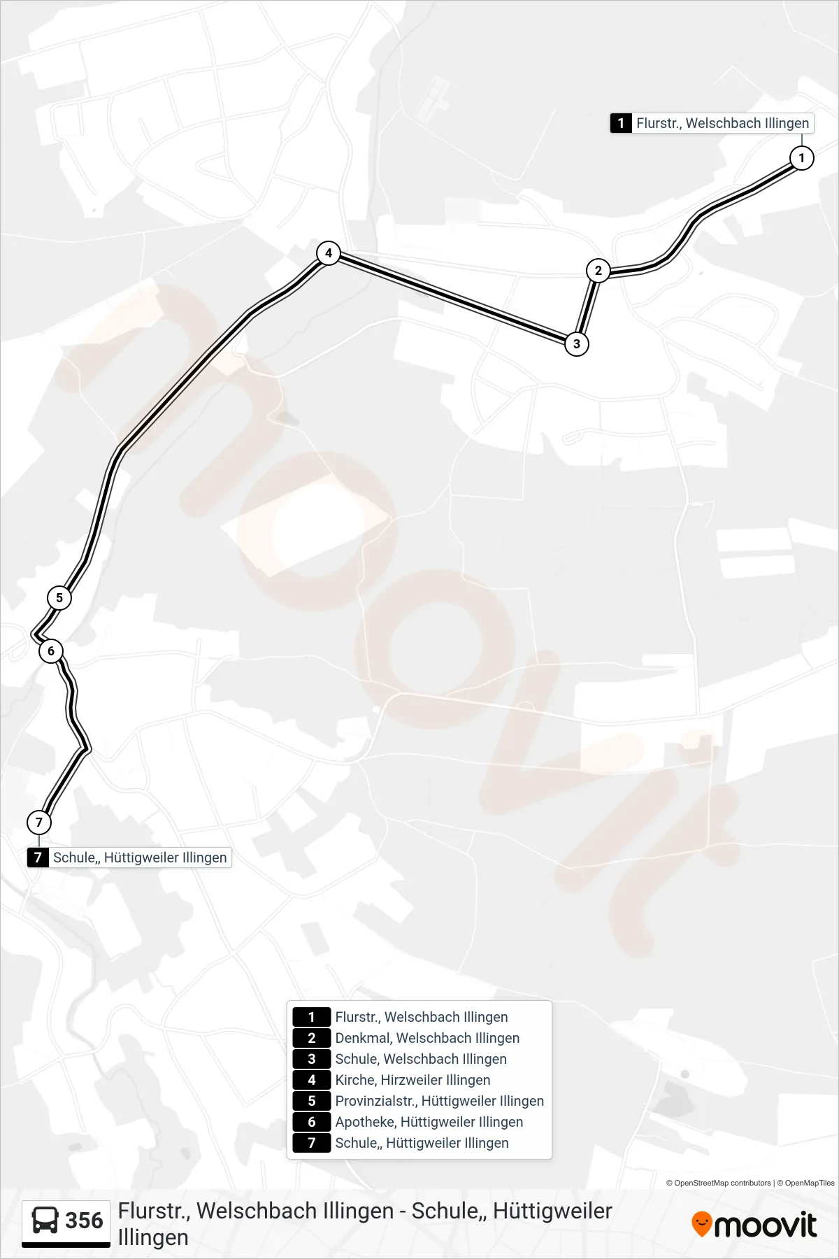 356 bus Line (Hüttigweiler Kirche) route and stops on a map