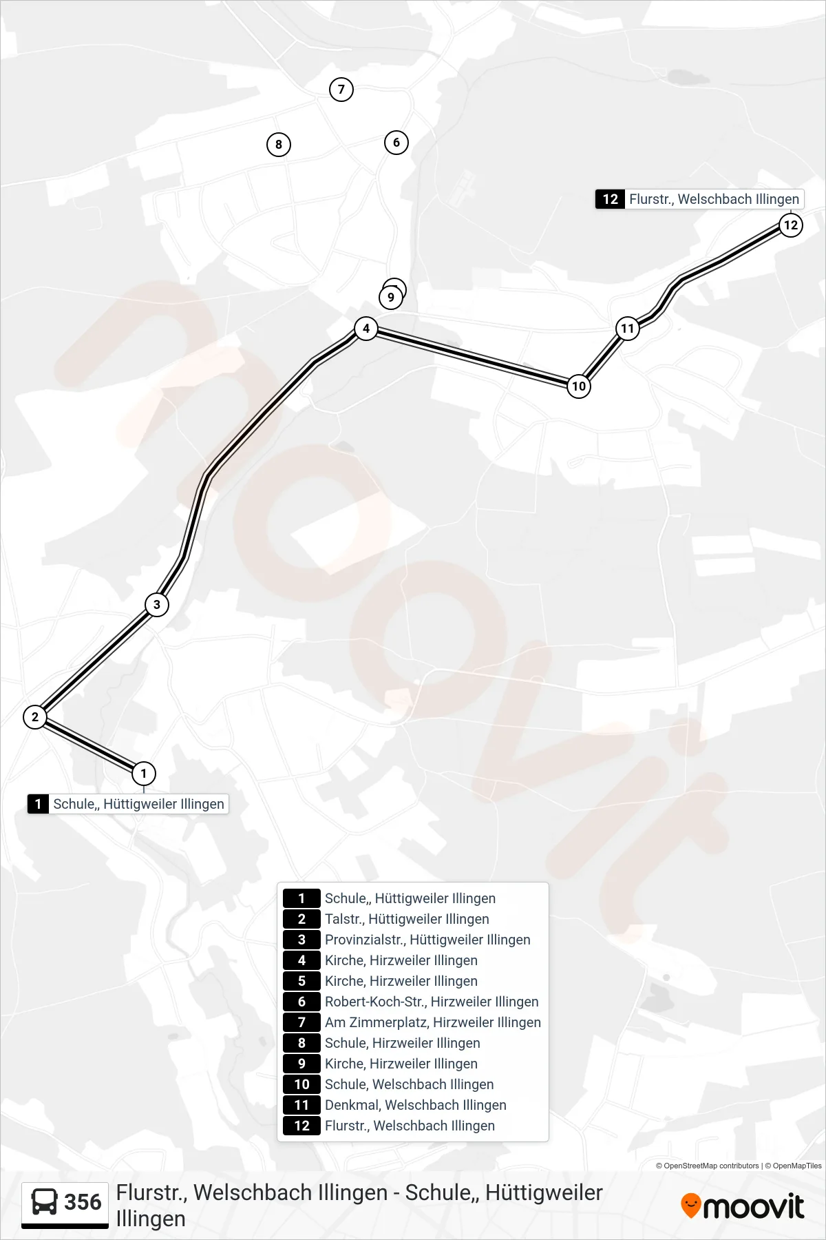 356 bus Line (Flurstr., Welschbach Illingen) route and stops on a map