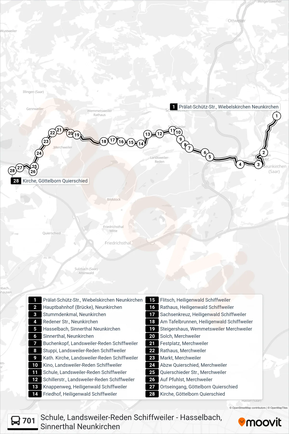 Linie 701 (Bus) Richtung Kirche, Göttelborn Quierschied: Route und Haltestellen auf der Karte