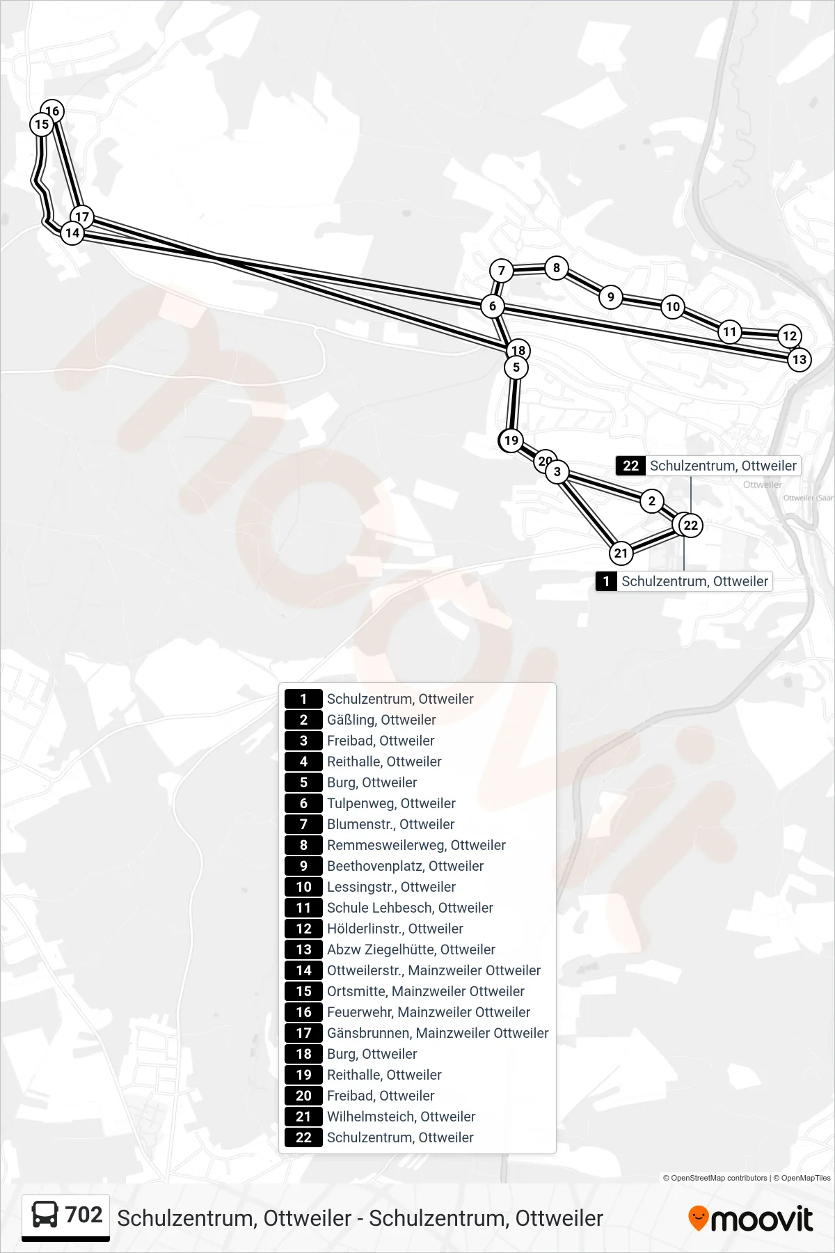 702 bus Line (Schulzentrum, Ottweiler) route and stops on a map