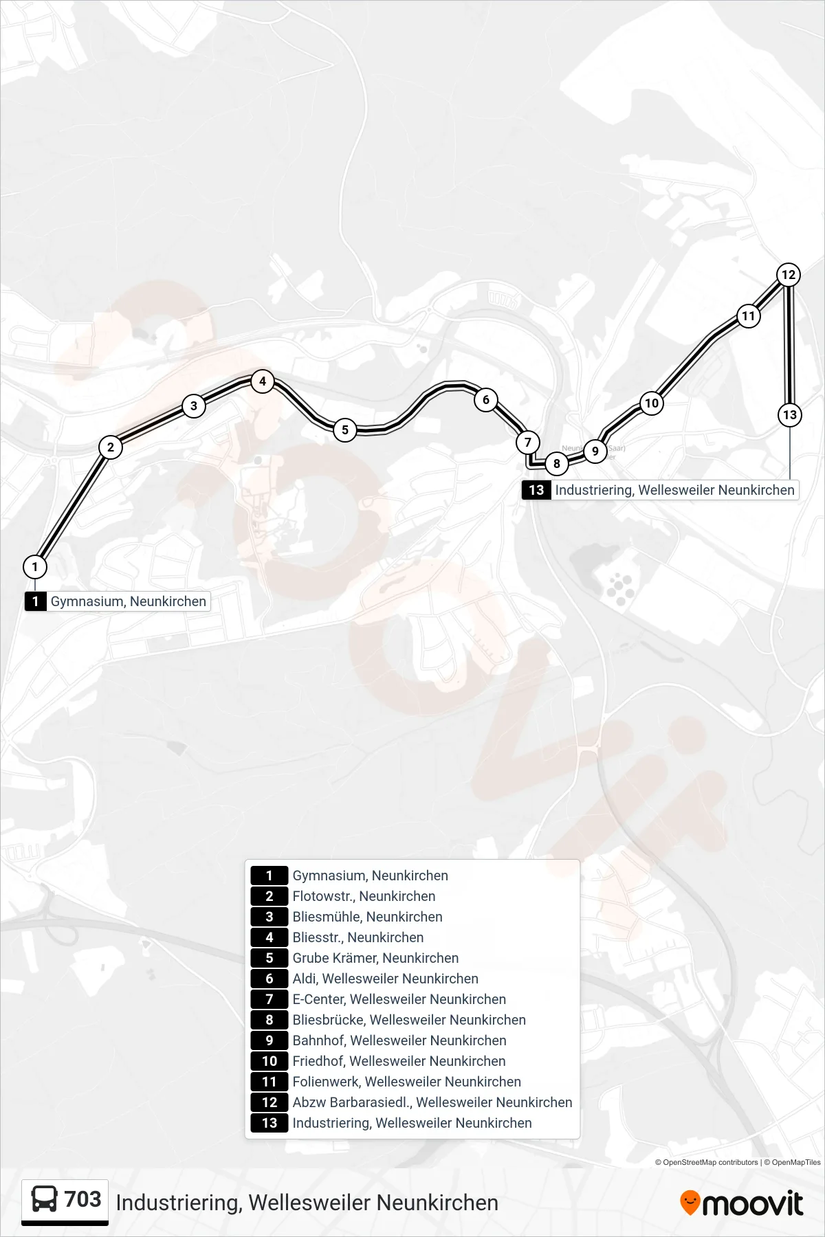 703 bus Line (Industriering, Wellesweiler Neunkirchen) route and stops on a map
