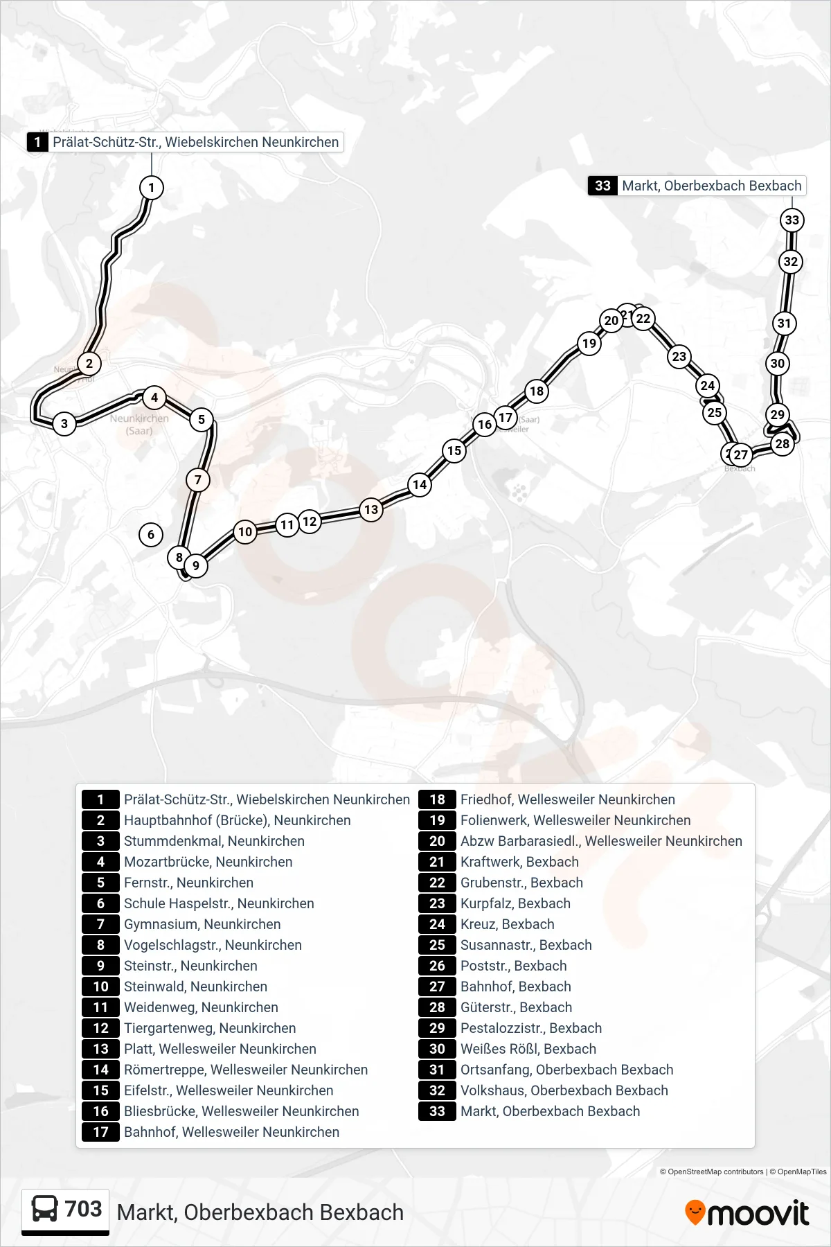 703 bus Line (Markt, Oberbexbach Bexbach) route and stops on a map