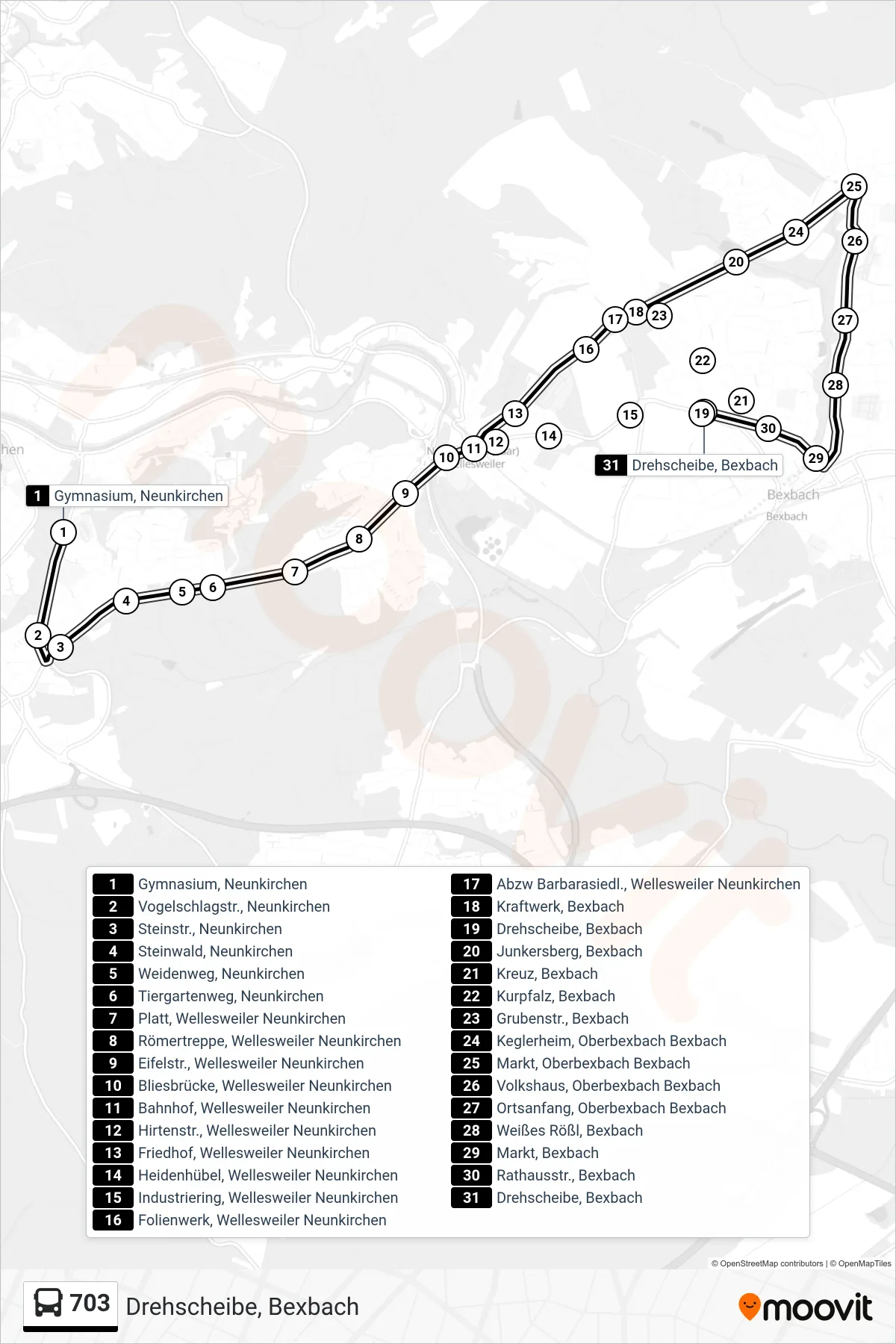 703 bus Line (Drehscheibe, Bexbach) route and stops on a map