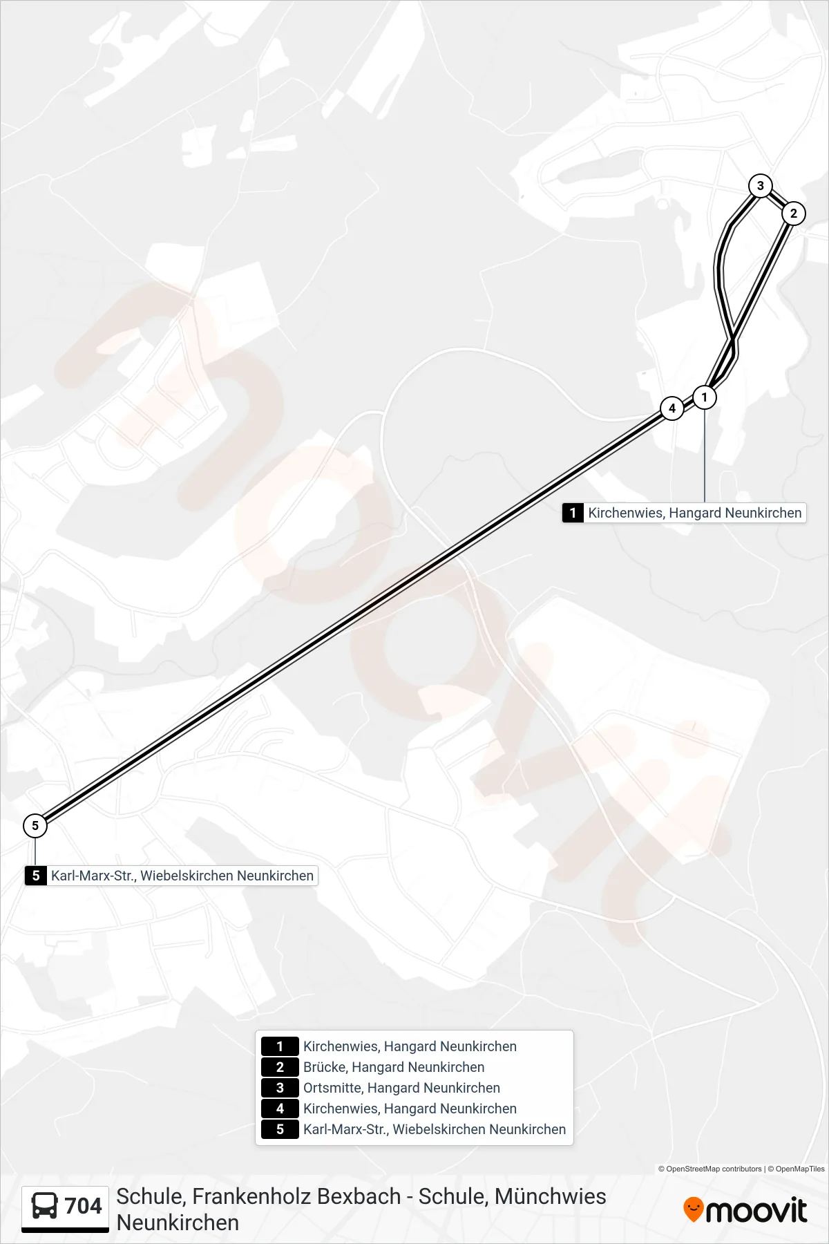 Linie 704 (Bus) Richtung Karl-Marx-Str., Wiebelskirchen Neunkirchen: Route und Haltestellen auf der Karte