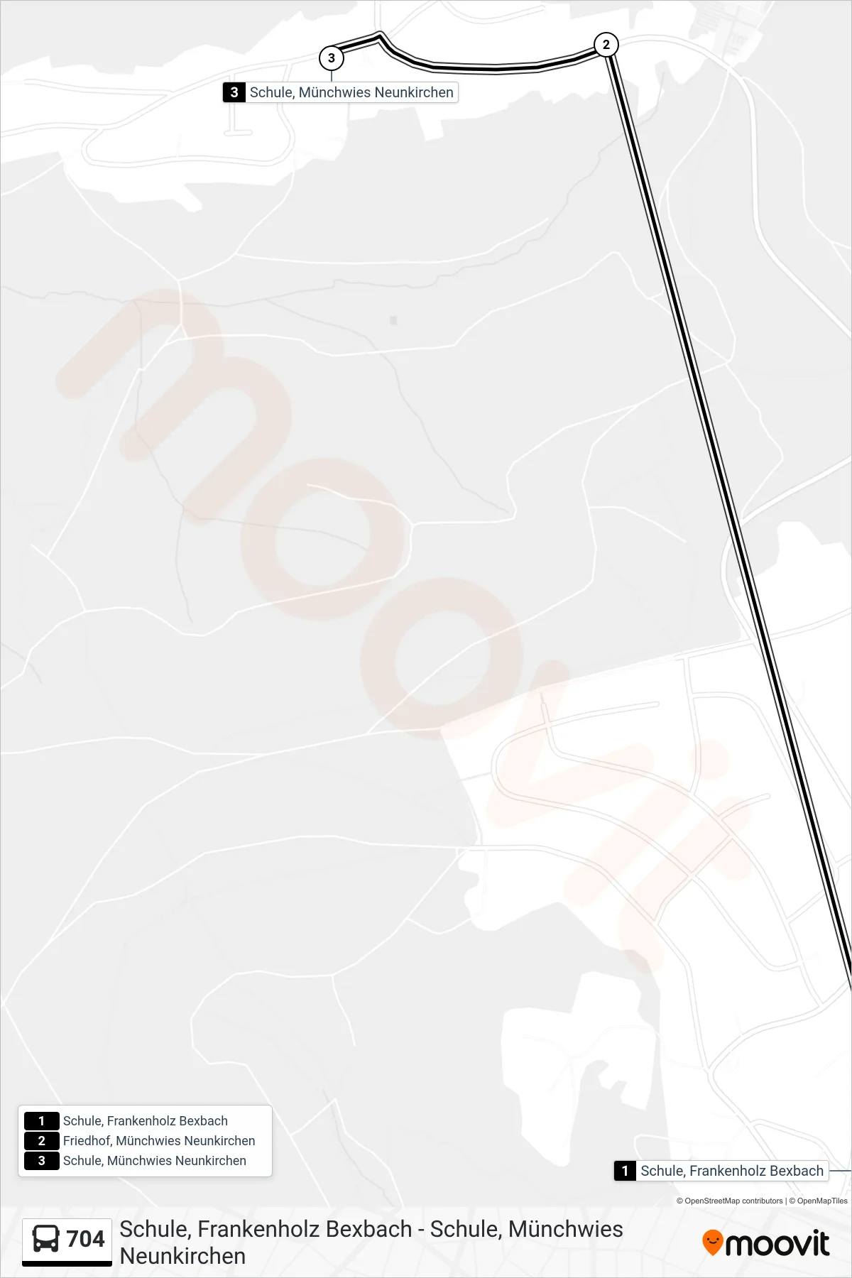 704 bus Line (Schule, Münchwies Neunkirchen) route and stops on a map