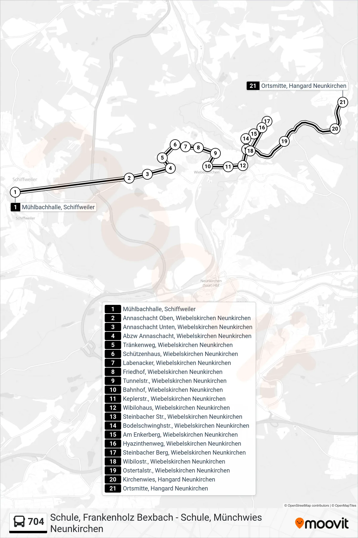 704 bus Line (Ortsmitte, Hangard Neunkirchen) route and stops on a map