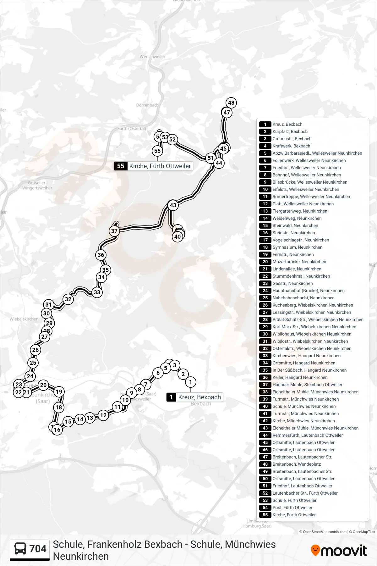 704 bus Line (Kirche, Fürth Ottweiler) route and stops on a map