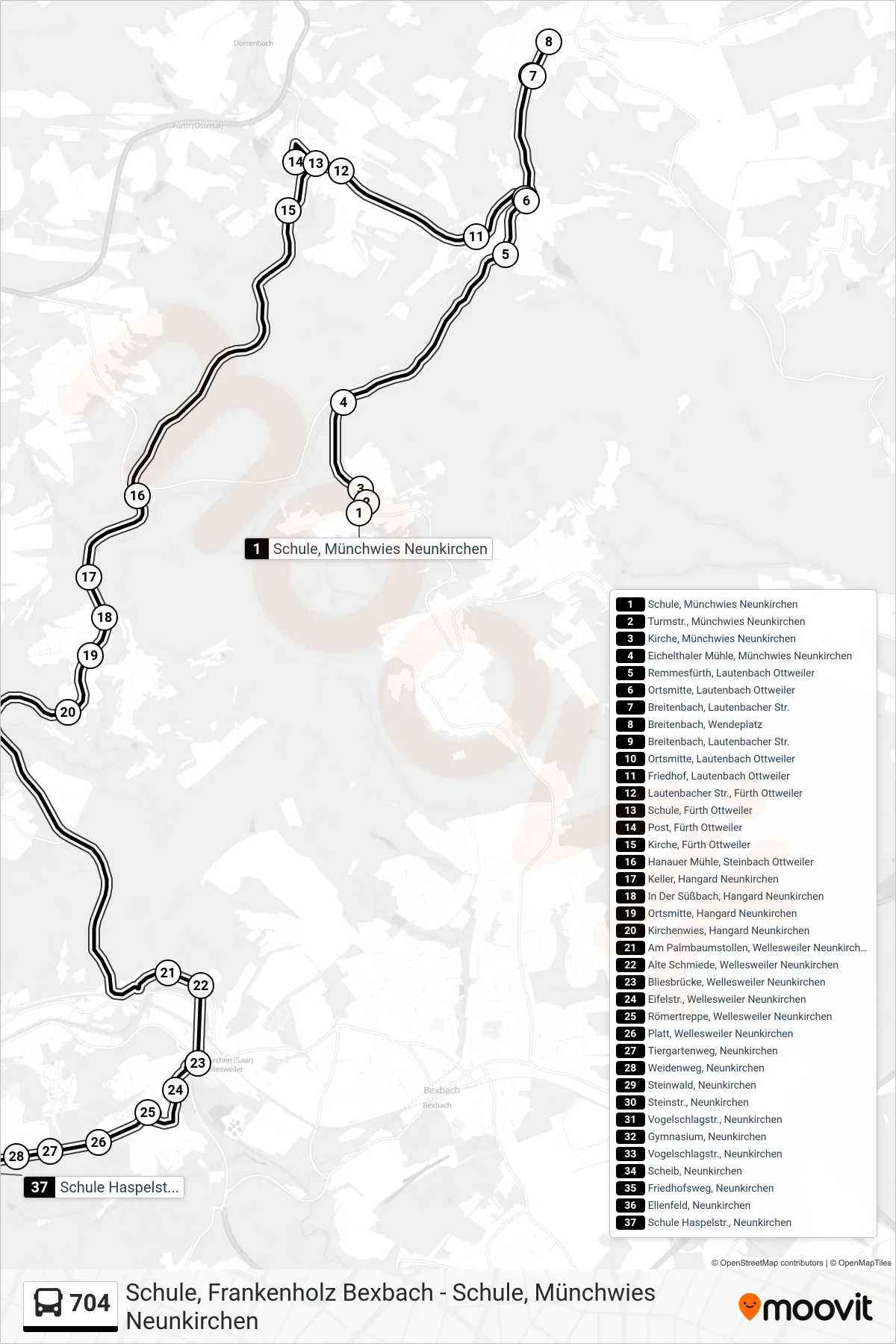 704 bus Line (Schule Haspelstr., Neunkirchen) route and stops on a map