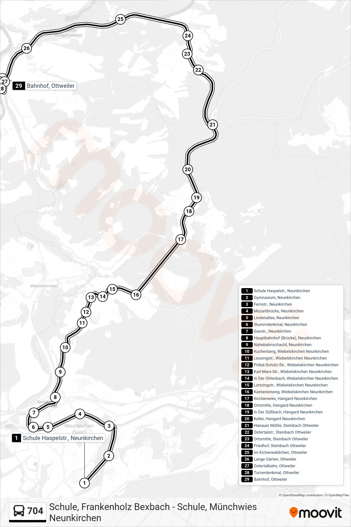 704 bus Line (Bahnhof, Ottweiler) route and stops on a map