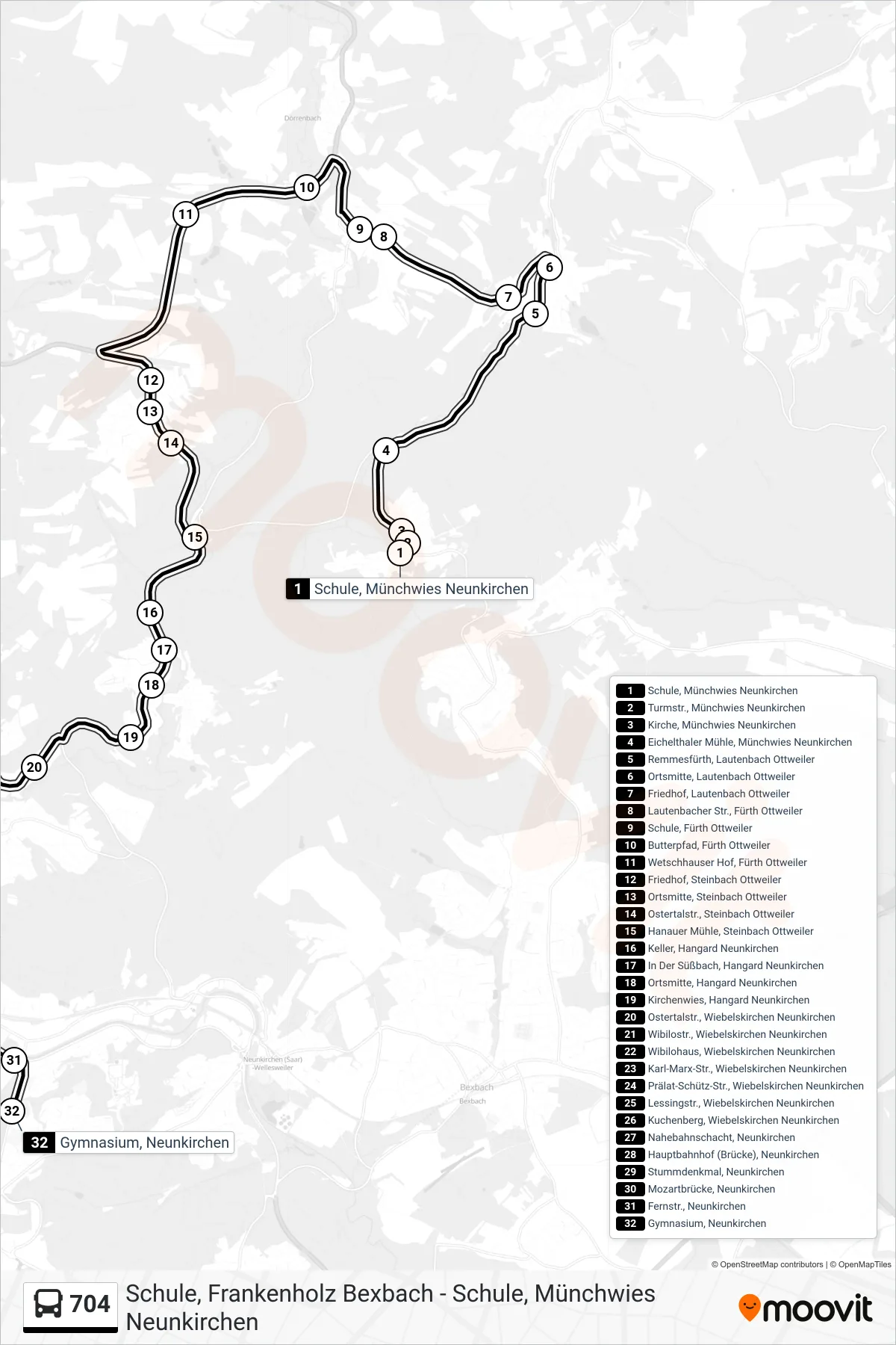 704 bus Line (Gymnasium, Neunkirchen) route and stops on a map