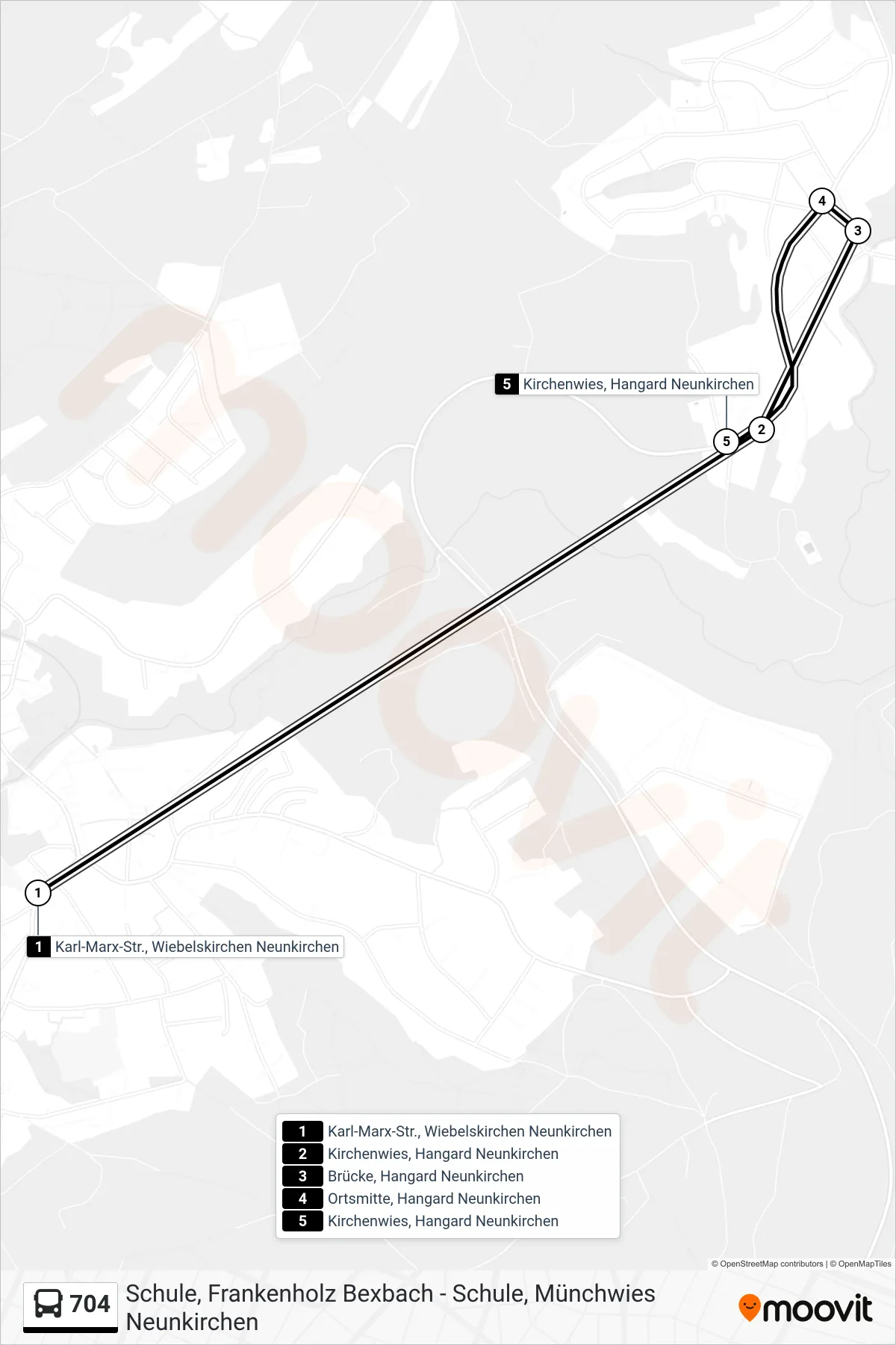 704 bus Line (Kirchenwies, Hangard Neunkirchen) route and stops on a map
