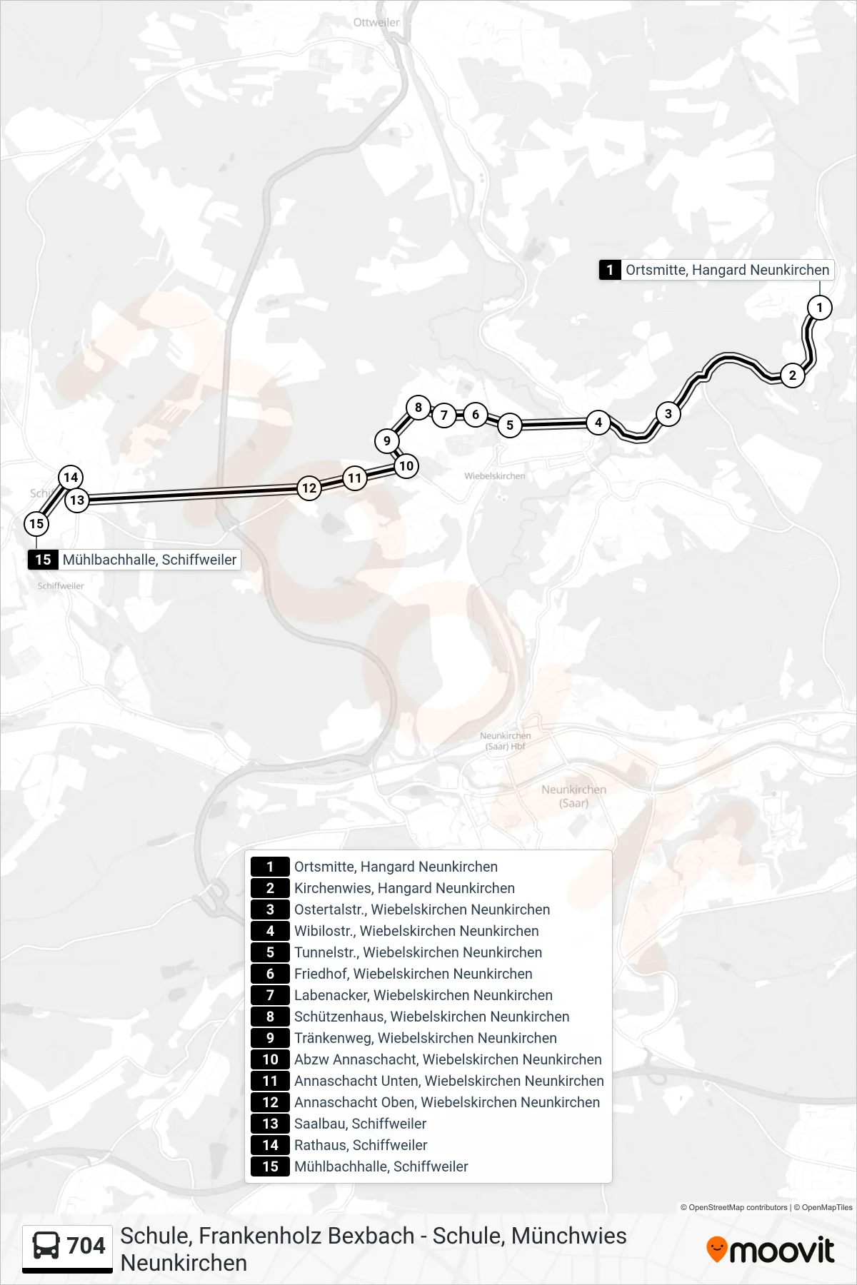 704 bus Line (Mühlbachhalle, Schiffweiler) route and stops on a map