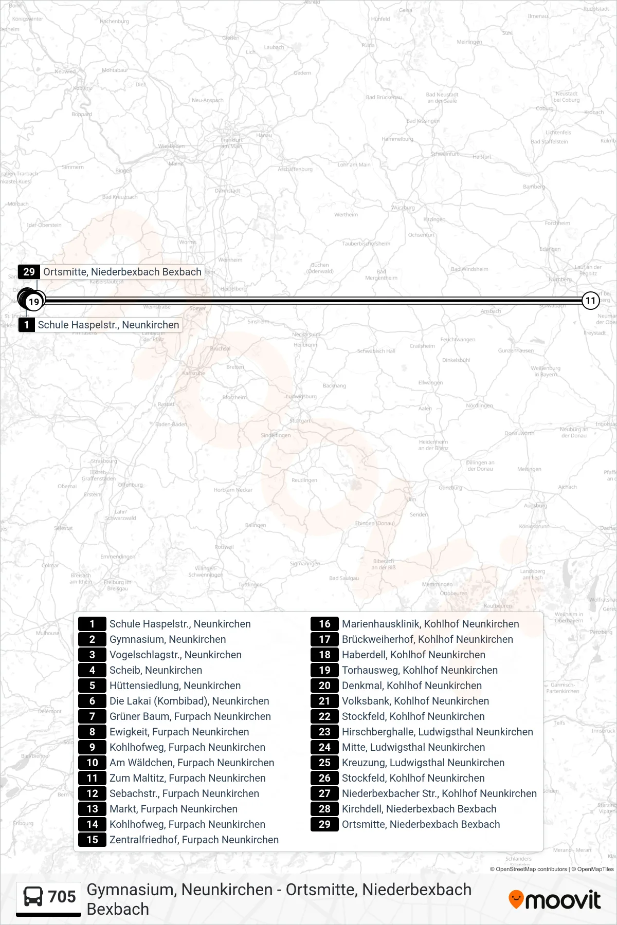 705 bus Line (Ortsmitte, Niederbexbach Bexbach) route and stops on a map