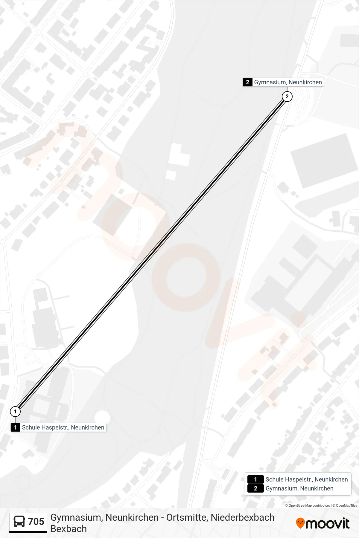 705 bus Line (Gymnasium, Neunkirchen) route and stops on a map