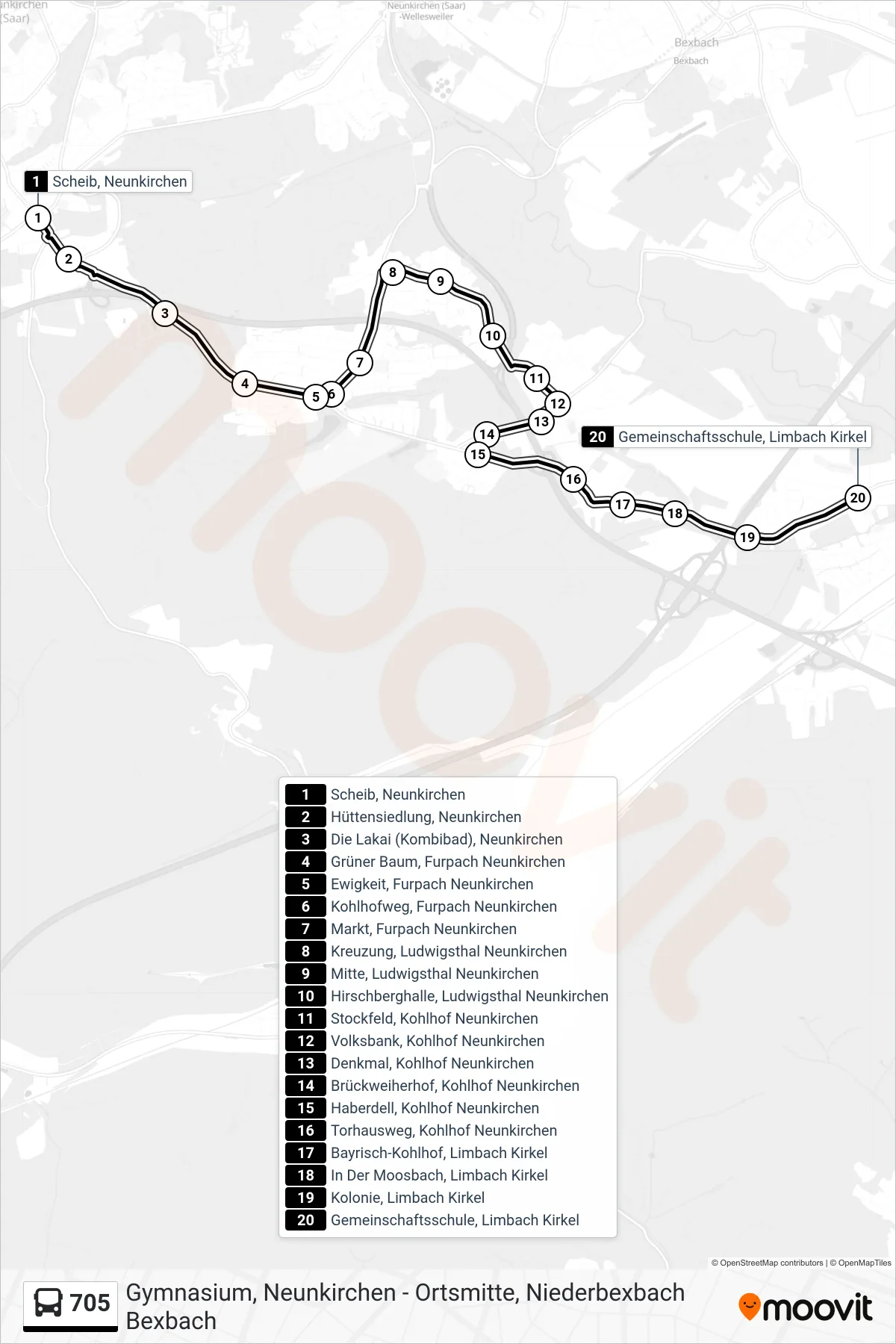 Linie 705 (Bus) Richtung Gemeinschaftsschule, Limbach Kirkel: Route und Haltestellen auf der Karte