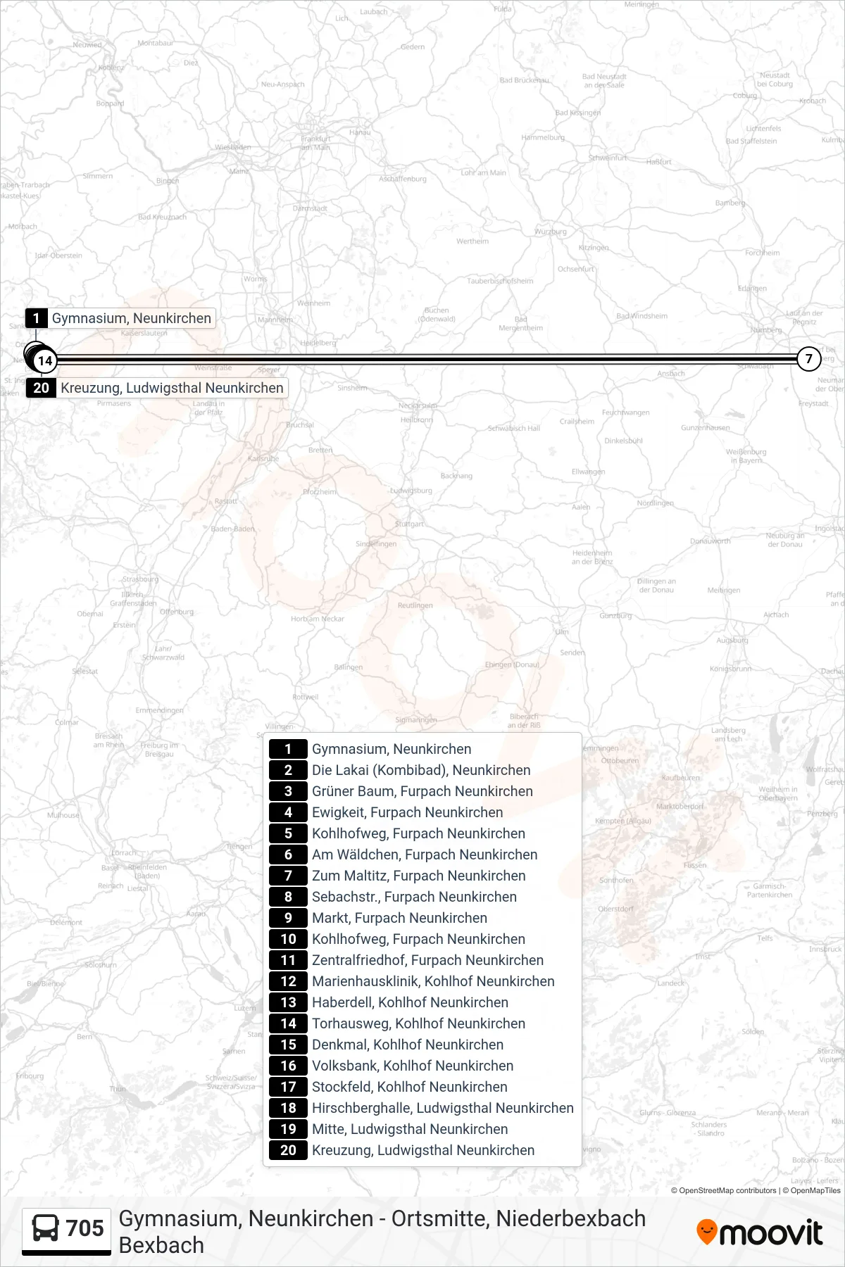 705 bus Line (Ludwigsthal Kreuzung) route and stops on a map