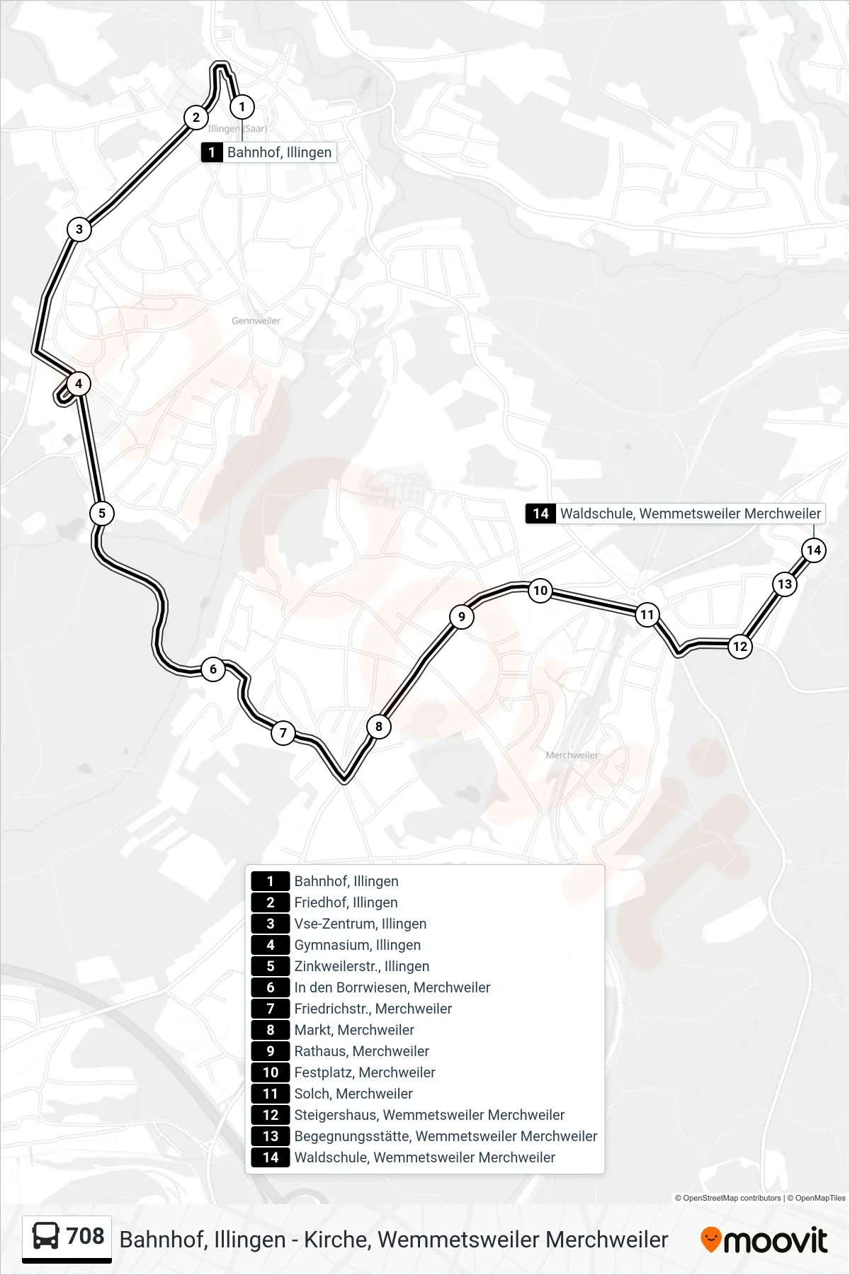 708 bus Line (Waldschule, Wemmetsweiler Merchweiler) route and stops on a map