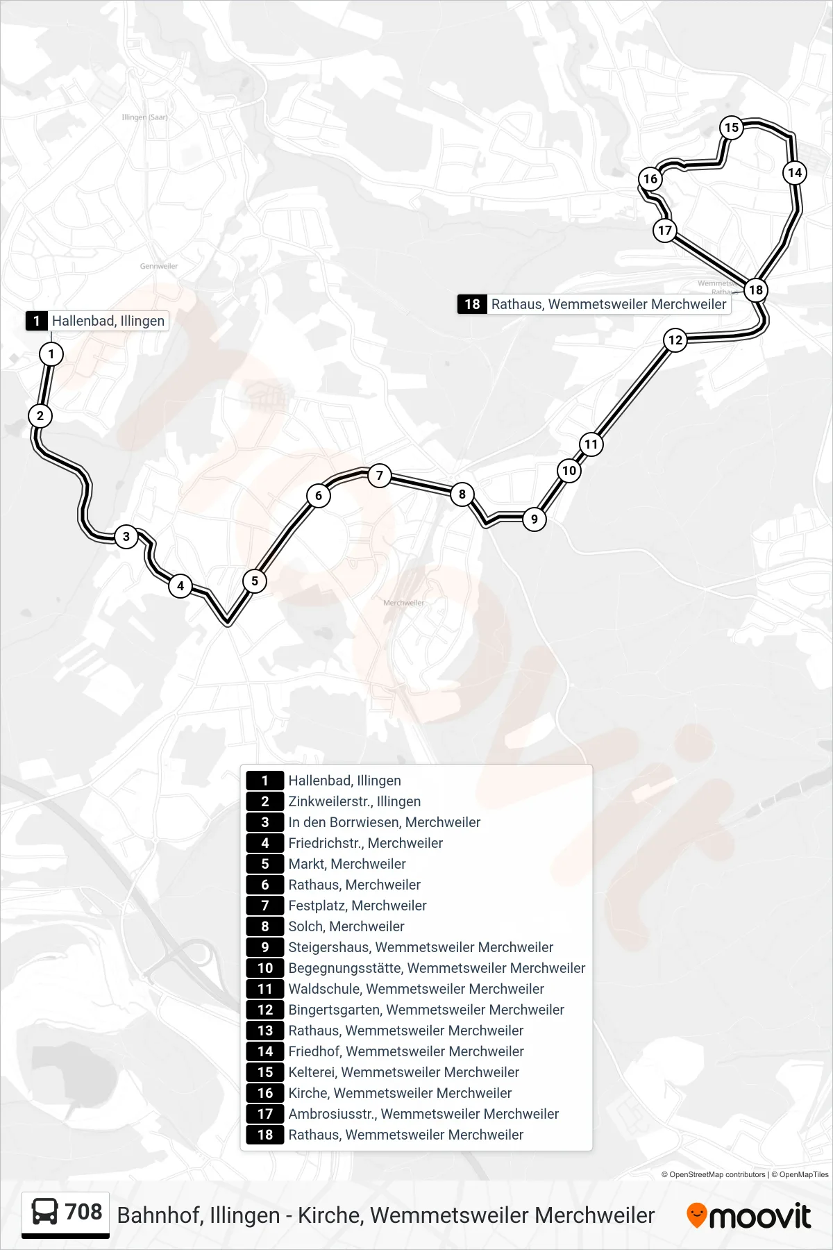 708 bus Line (Rathaus, Wemmetsweiler Merchweiler) route and stops on a map