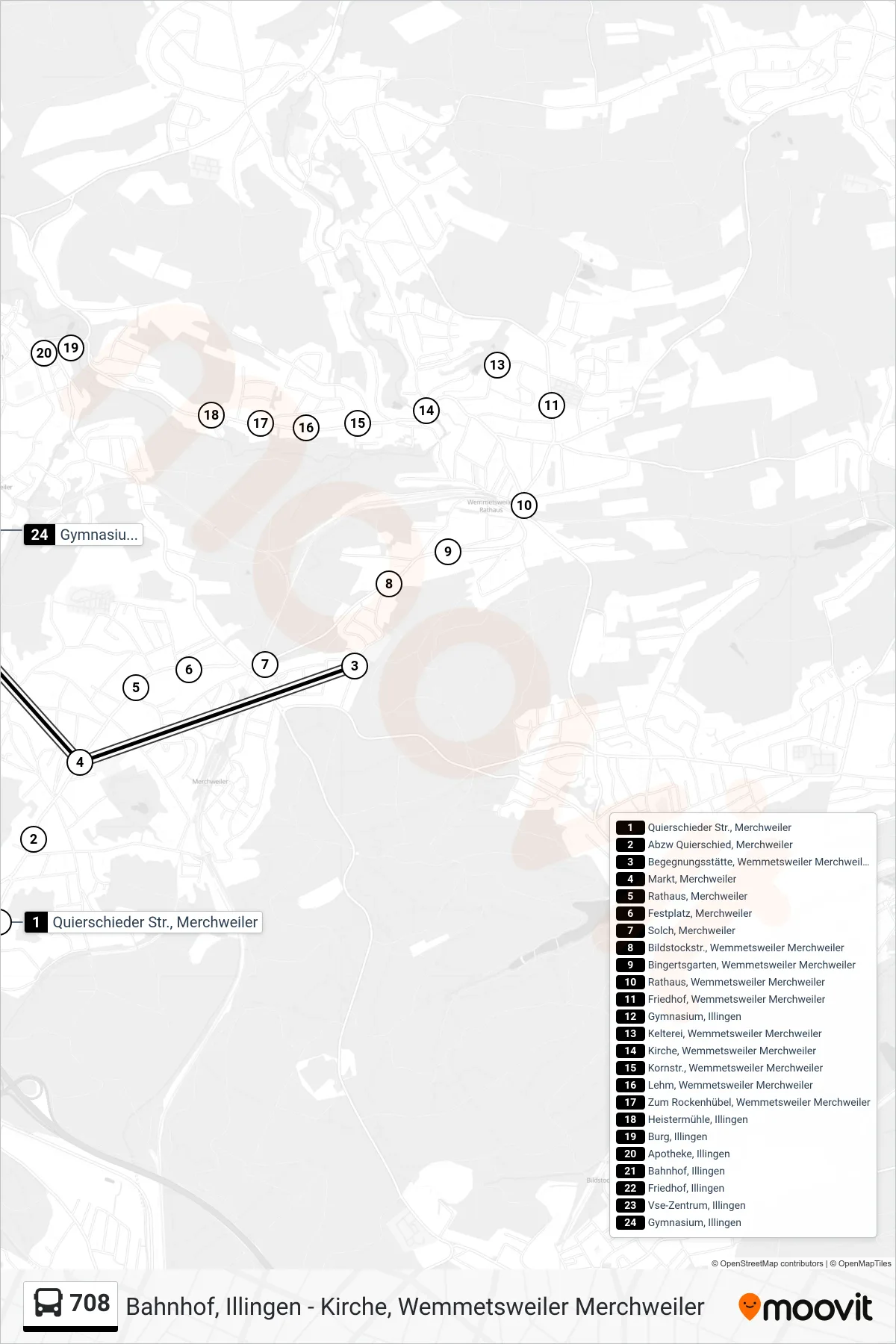 708 bus Line (Gymnasium, Illingen) route and stops on a map