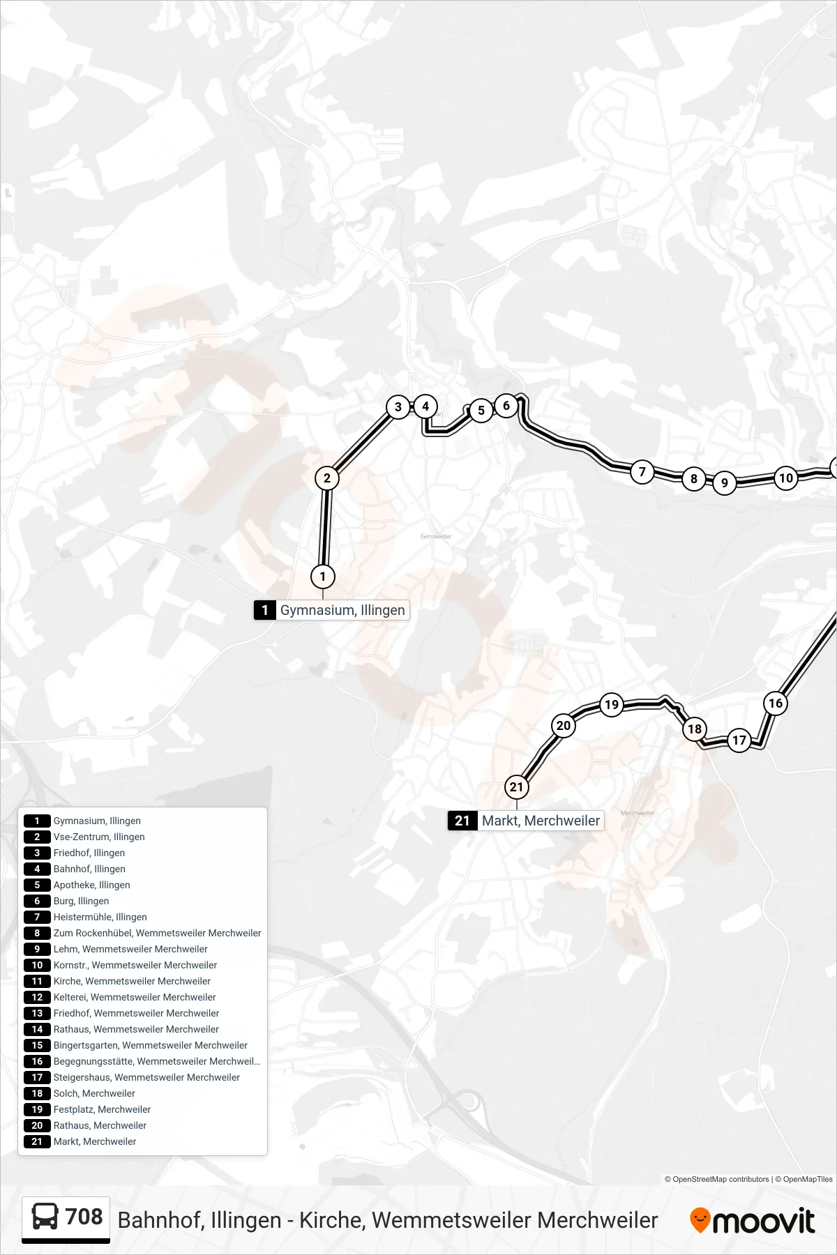 708 bus Line (Markt, Merchweiler) route and stops on a map