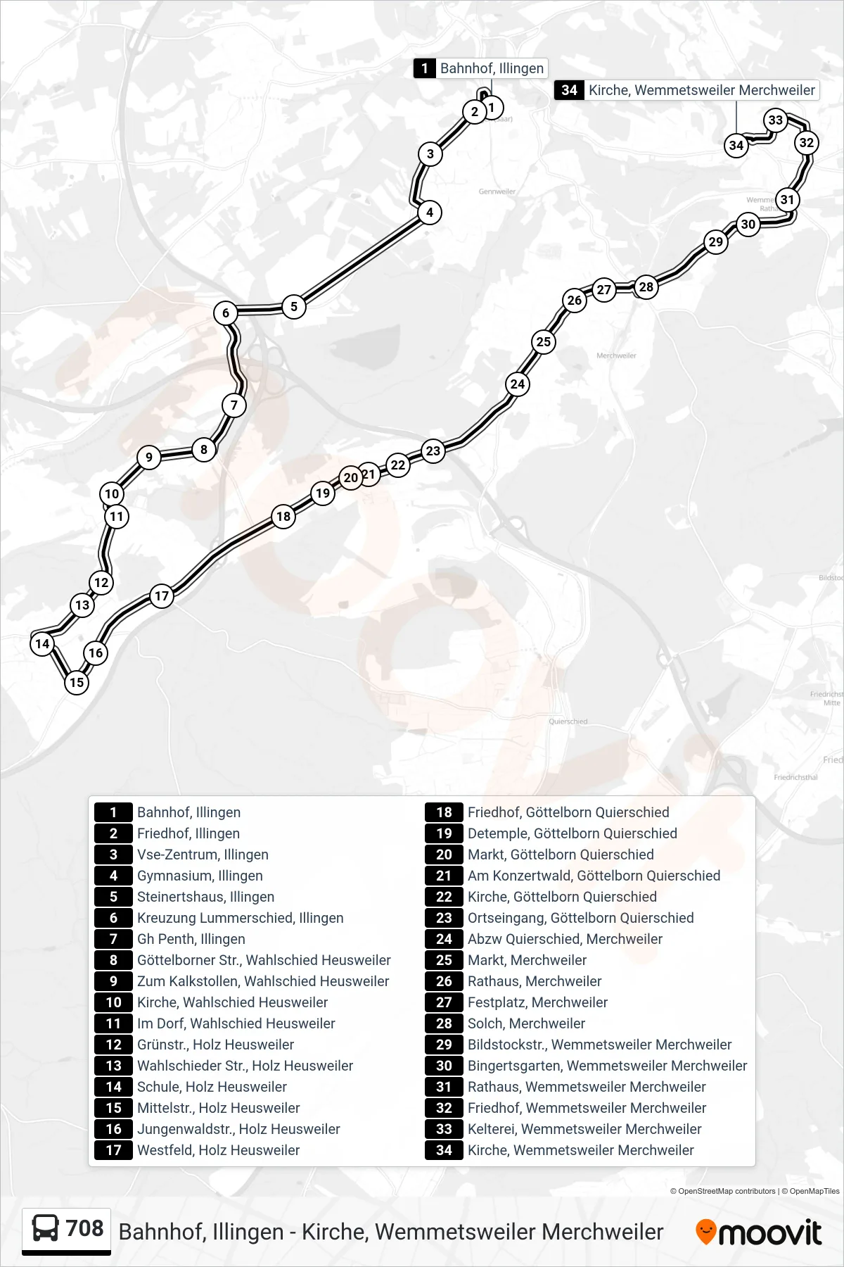708 bus Line (Kirche, Wemmetsweiler Merchweiler) route and stops on a map