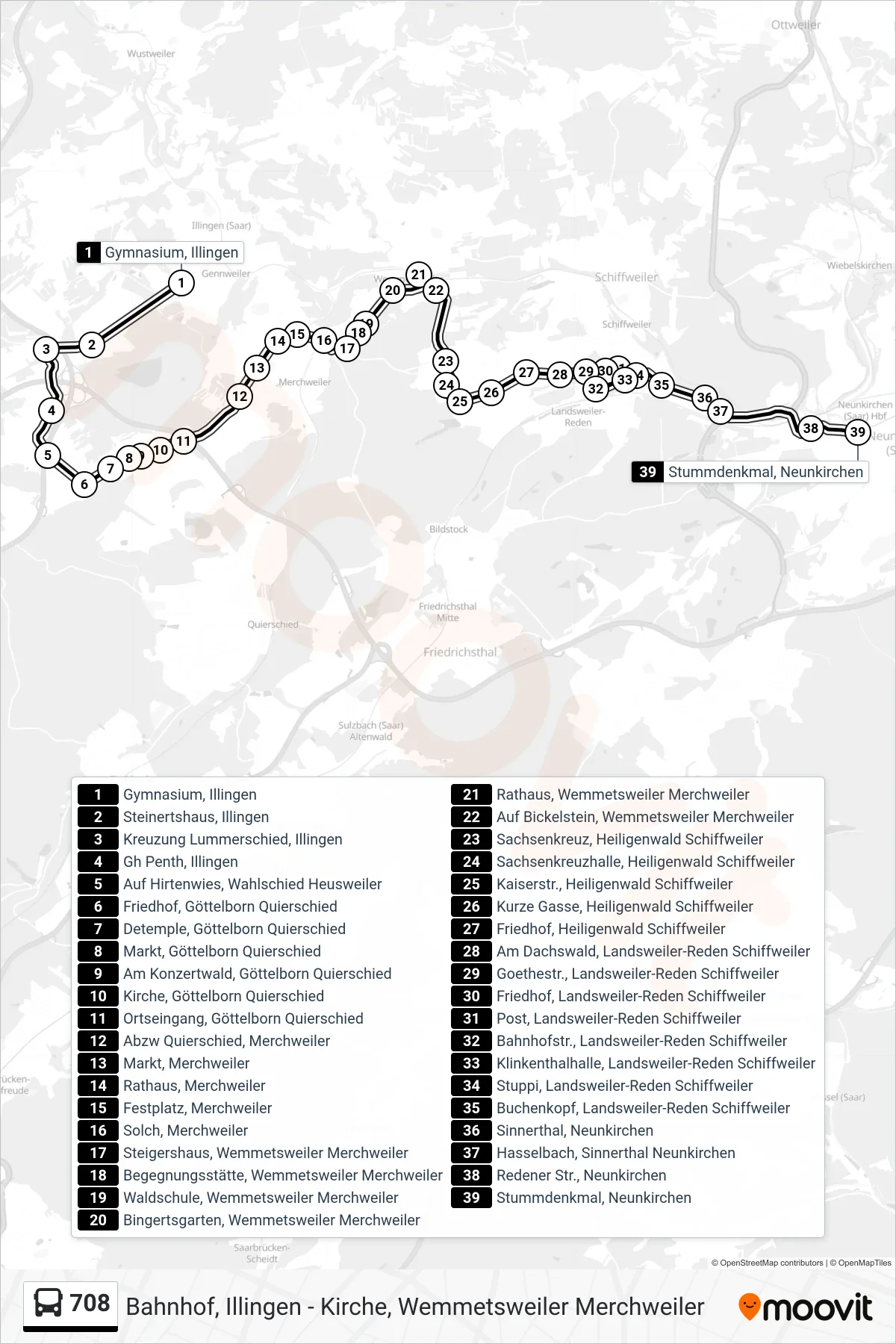 708 bus Line (Stummdenkmal, Neunkirchen) route and stops on a map