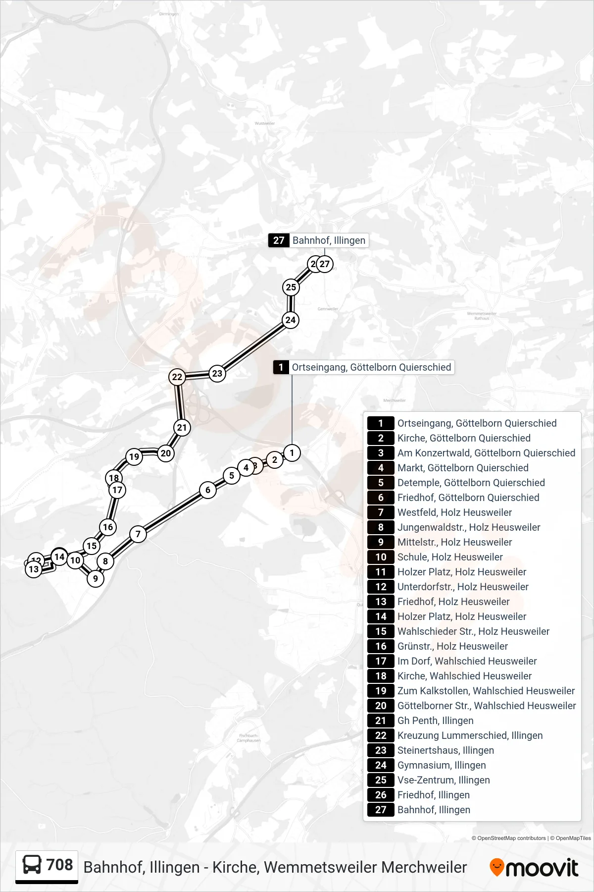 708 bus Line (Bahnhof, Illingen) route and stops on a map