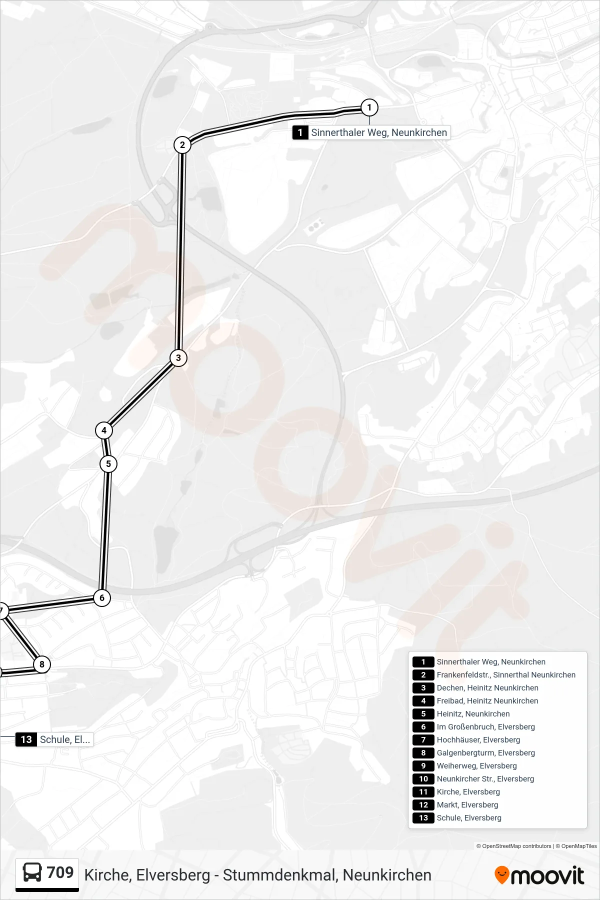 709 bus Line (Schule, Elversberg) route and stops on a map