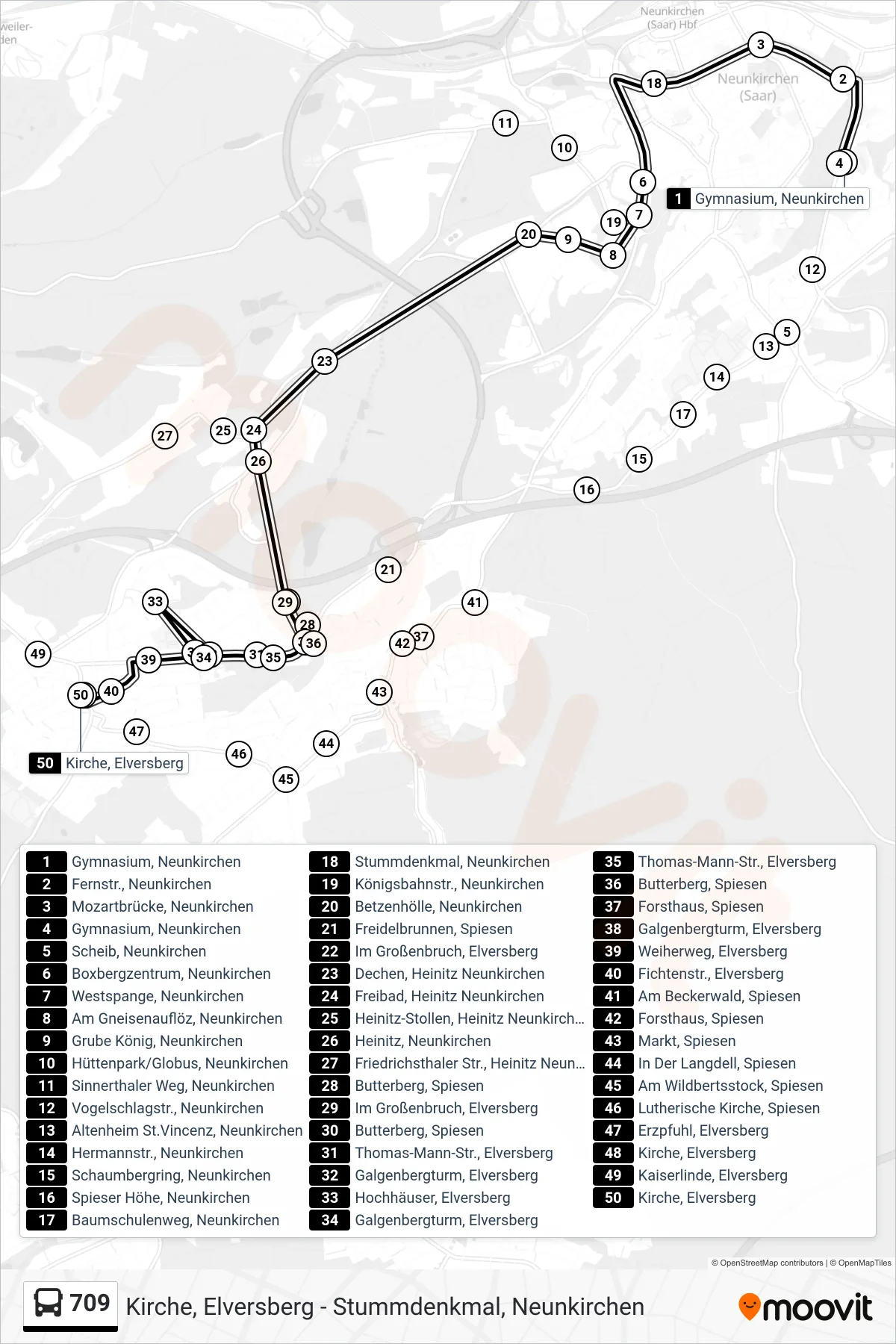 709 bus Line (Kirche, Elversberg) route and stops on a map