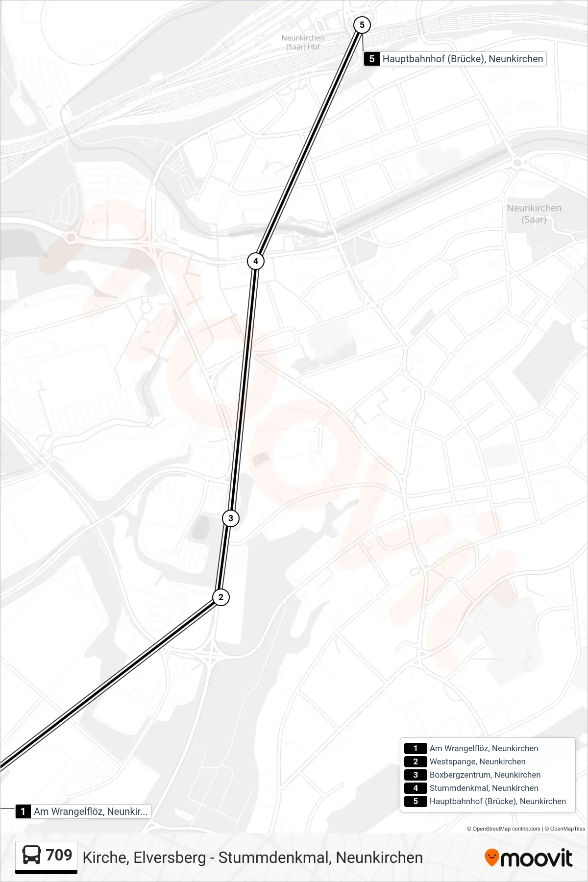 709 bus Line (Hauptbahnhof (Brücke), Neunkirchen) route and stops on a map