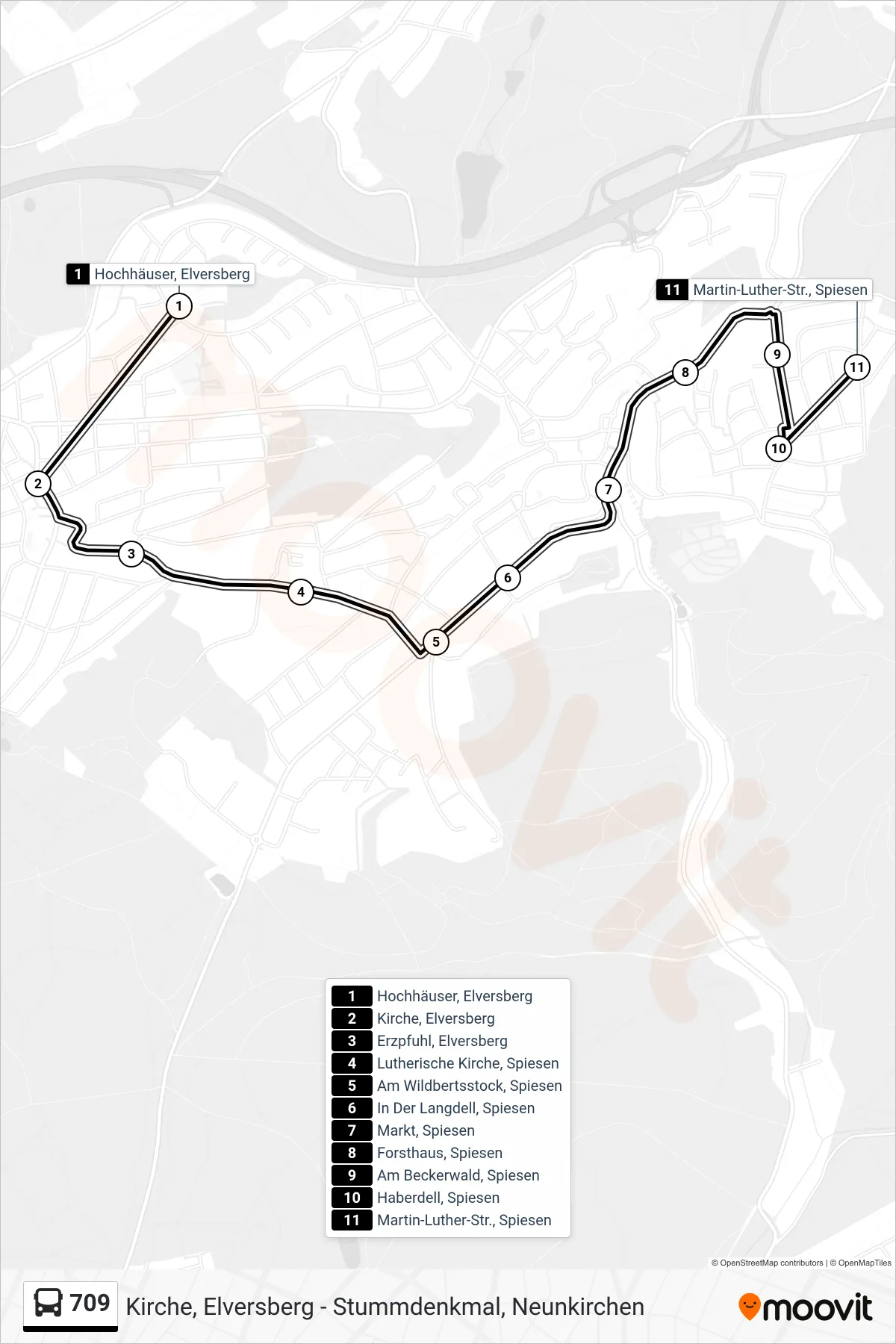709 bus Line (Martin-Luther-Str., Spiesen) route and stops on a map