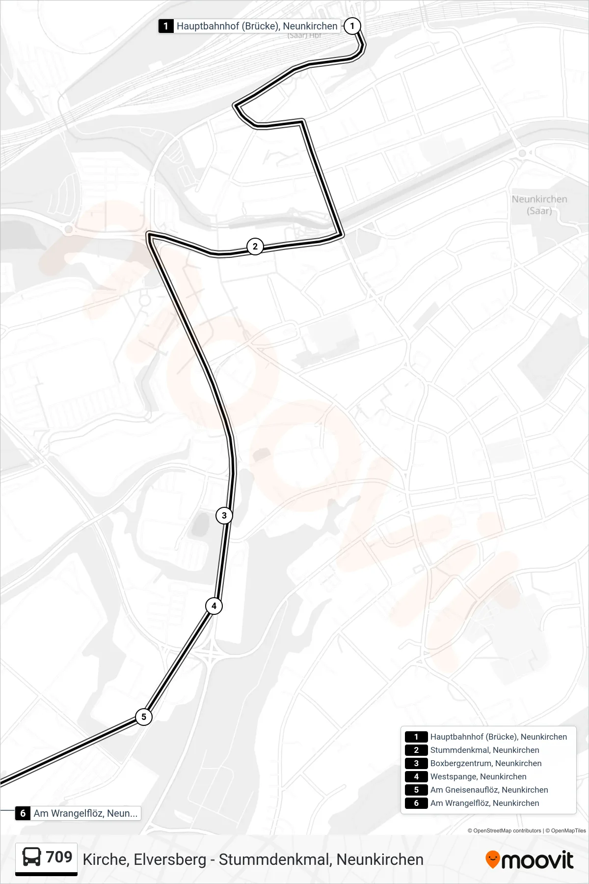 709 bus Line (Am Wrangelflöz, Neunkirchen) route and stops on a map