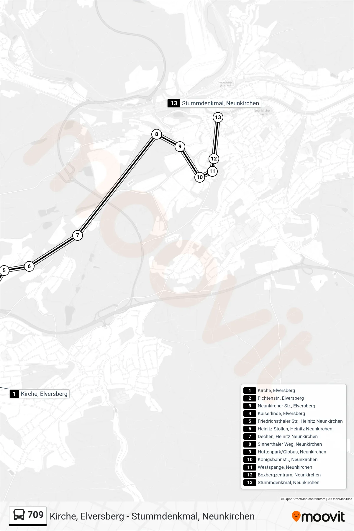 709 bus Line (Stummdenkmal, Neunkirchen) route and stops on a map