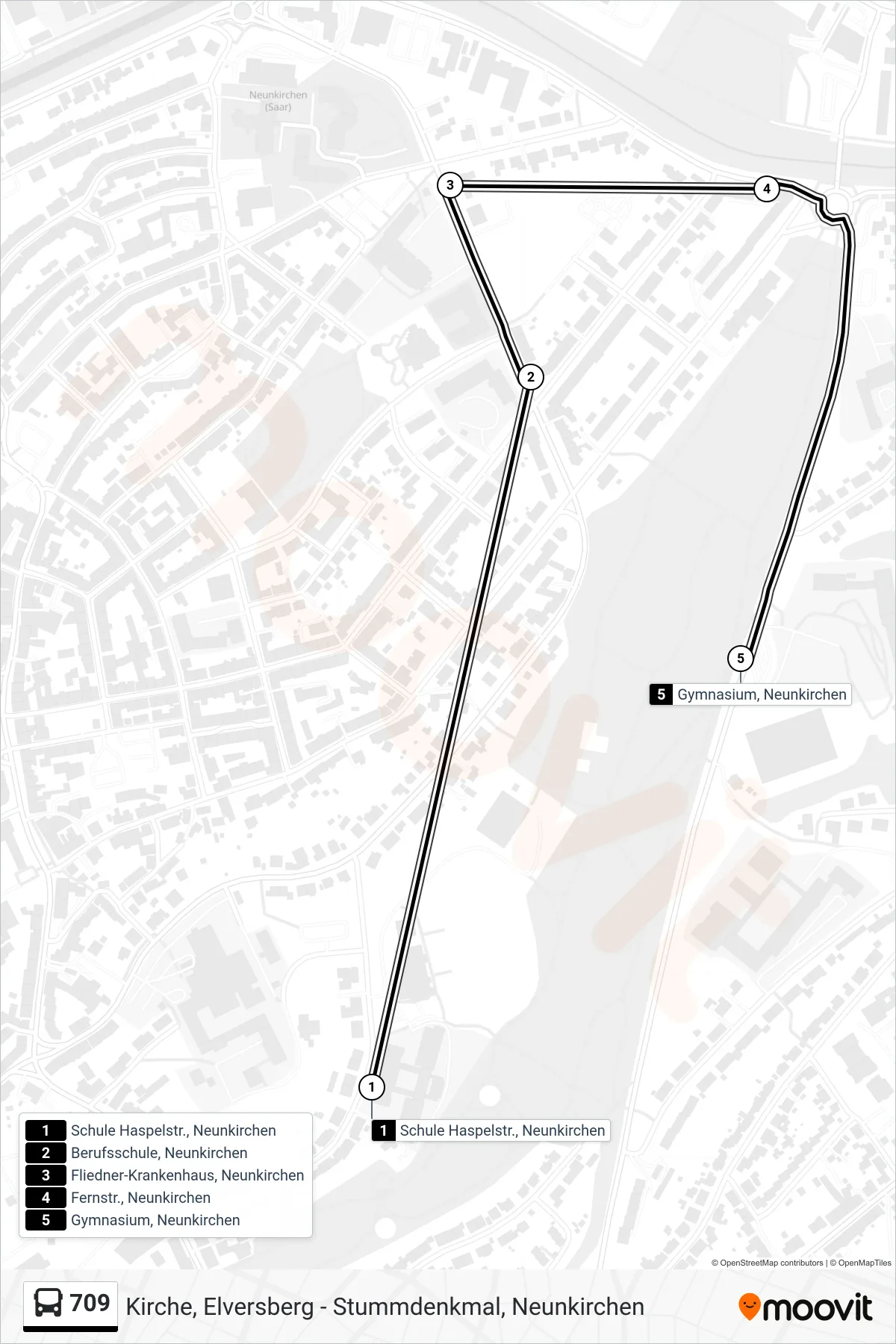 Linie 709 (Bus) Richtung Gymnasium, Neunkirchen: Route und Haltestellen auf der Karte