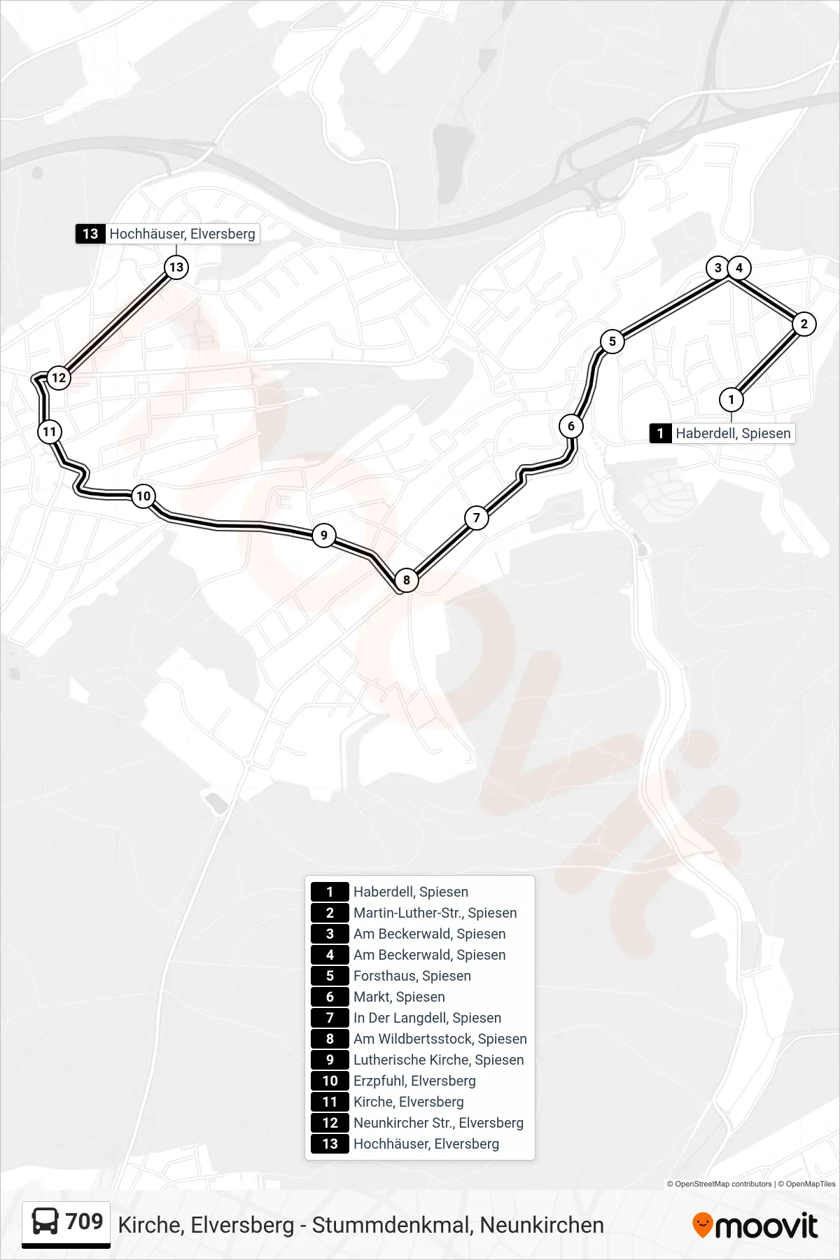 709 bus Line (Hochhäuser, Elversberg) route and stops on a map