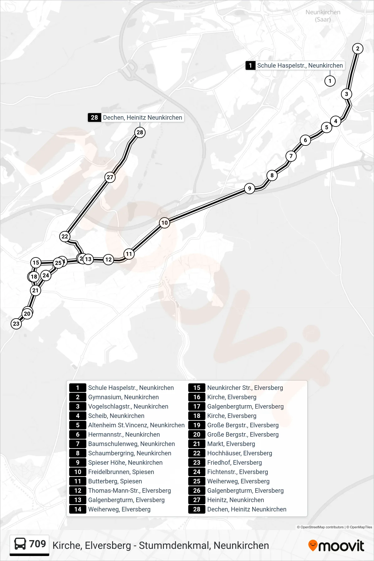 709 bus Line (Dechen, Heinitz Neunkirchen) route and stops on a map