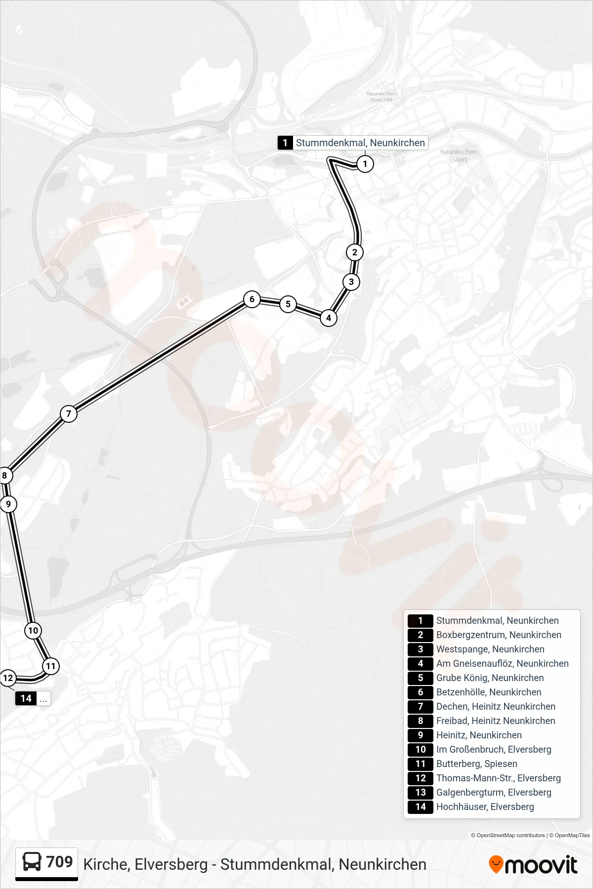709 bus Line (Hochhäuser, Elversberg) route and stops on a map