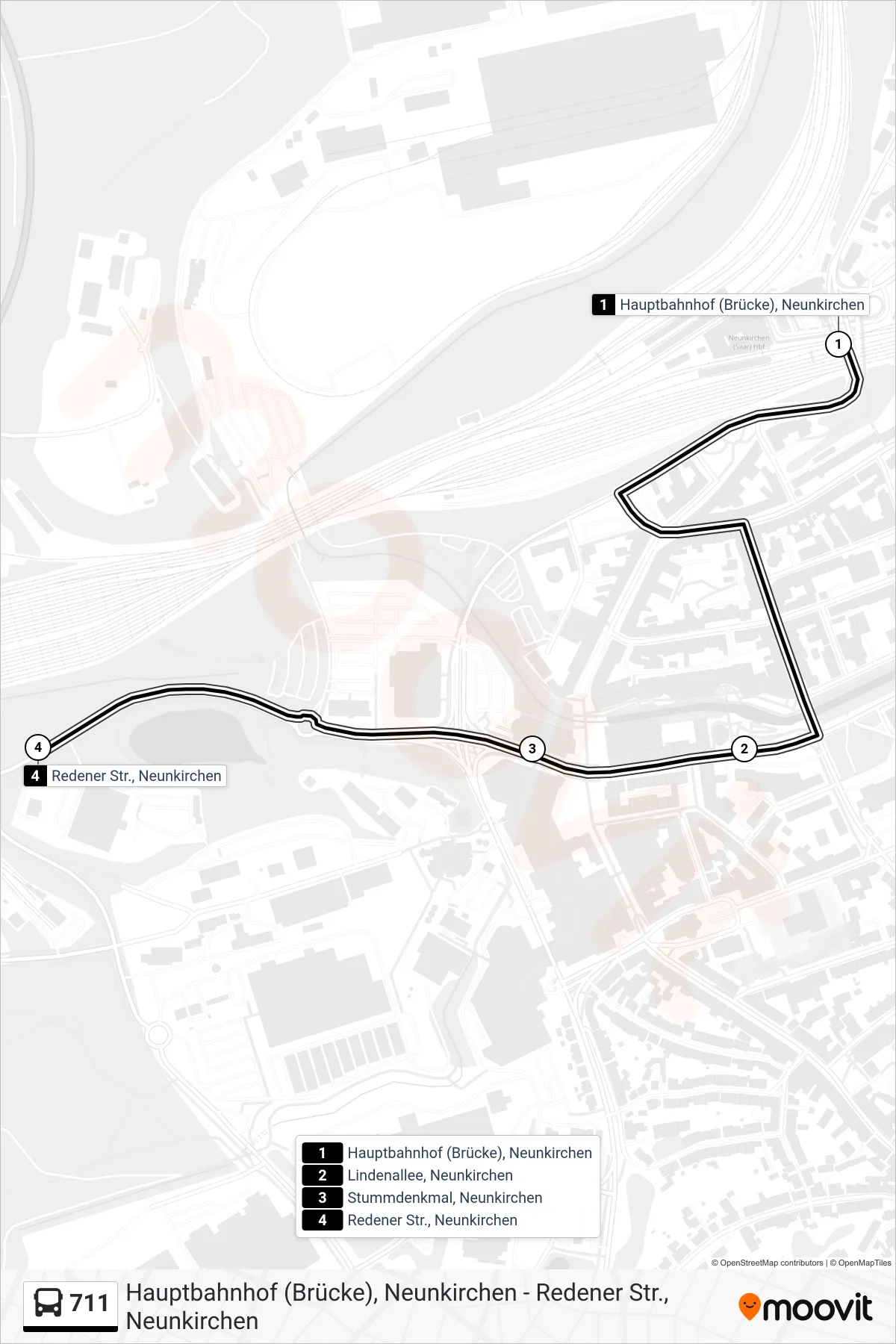 711 bus Line (Redener Str., Neunkirchen) route and stops on a map