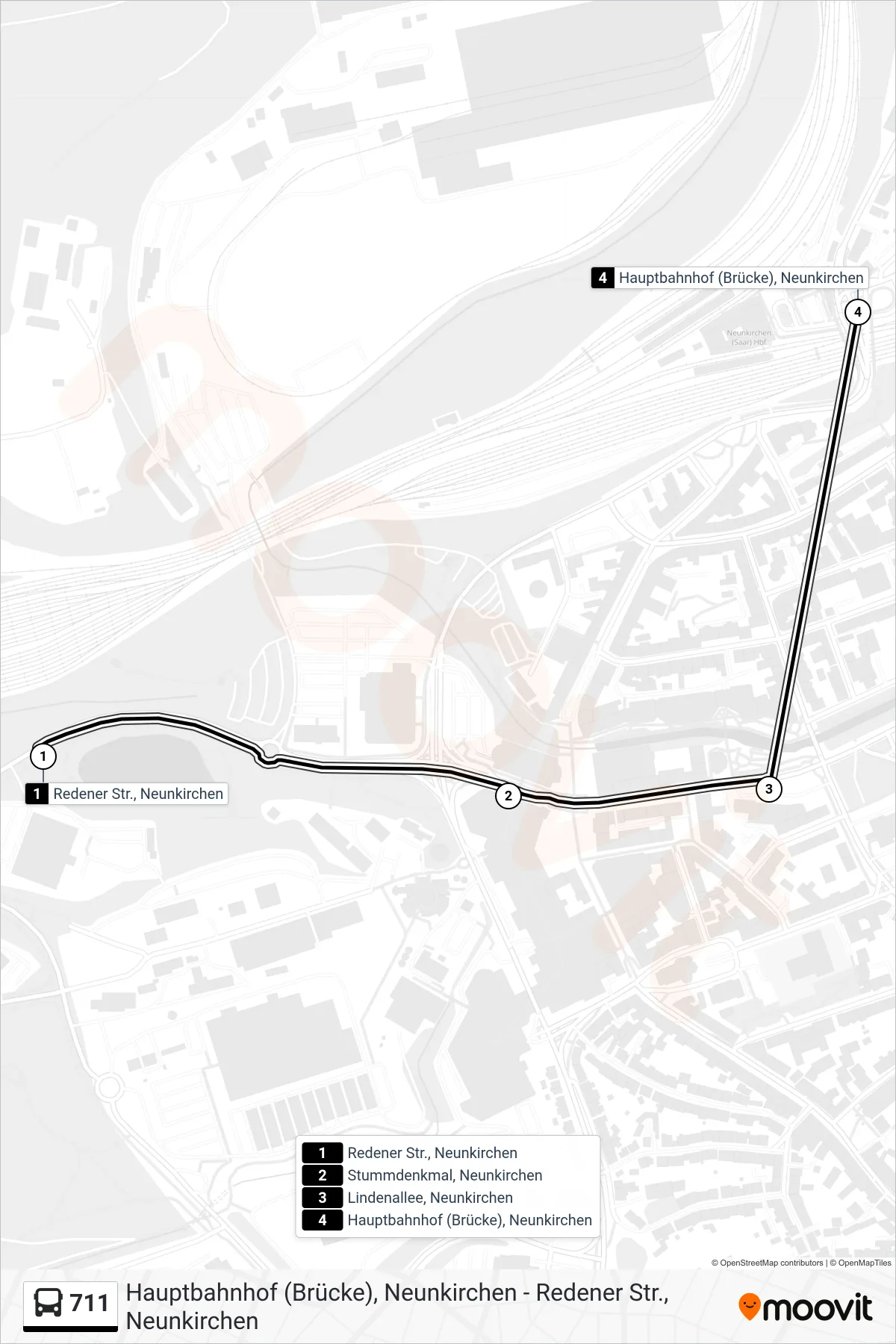 711 bus Line (Hauptbahnhof (Brücke), Neunkirchen) route and stops on a map