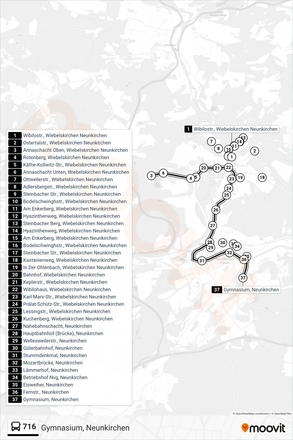 716 bus Line (Gymnasium, Neunkirchen) route and stops on a map