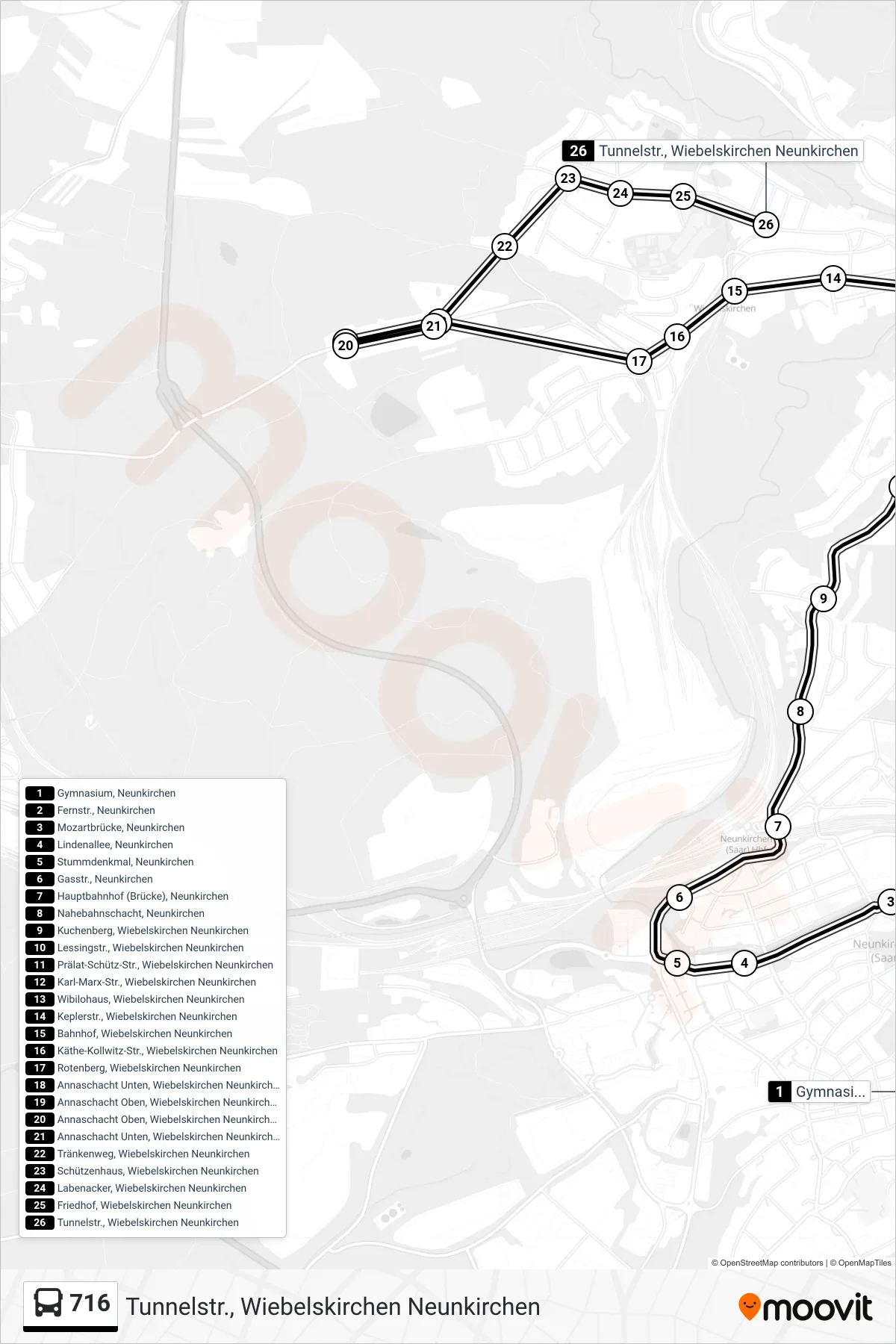 716 bus Line (Tunnelstr., Wiebelskirchen Neunkirchen) route and stops on a map