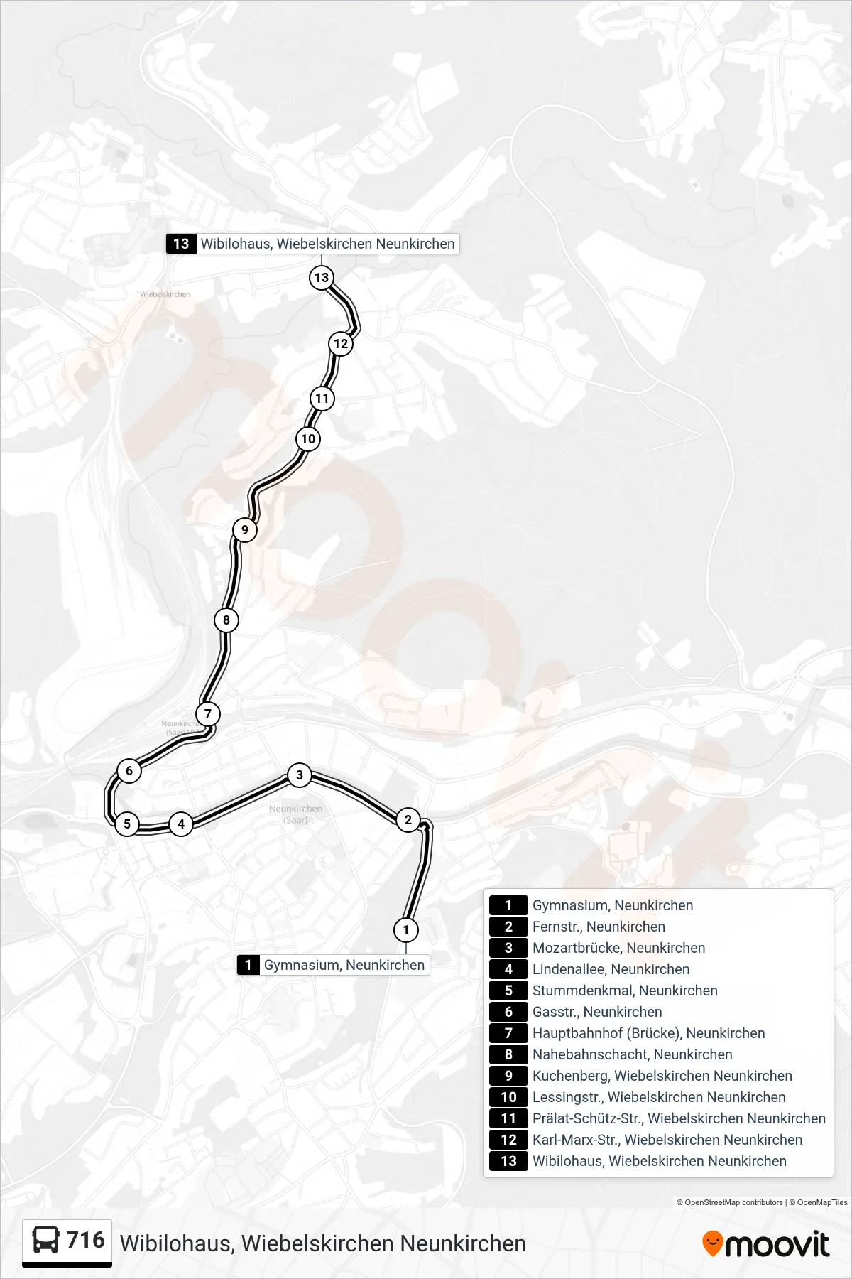 716 bus Line (Wibilohaus, Wiebelskirchen Neunkirchen) route and stops on a map