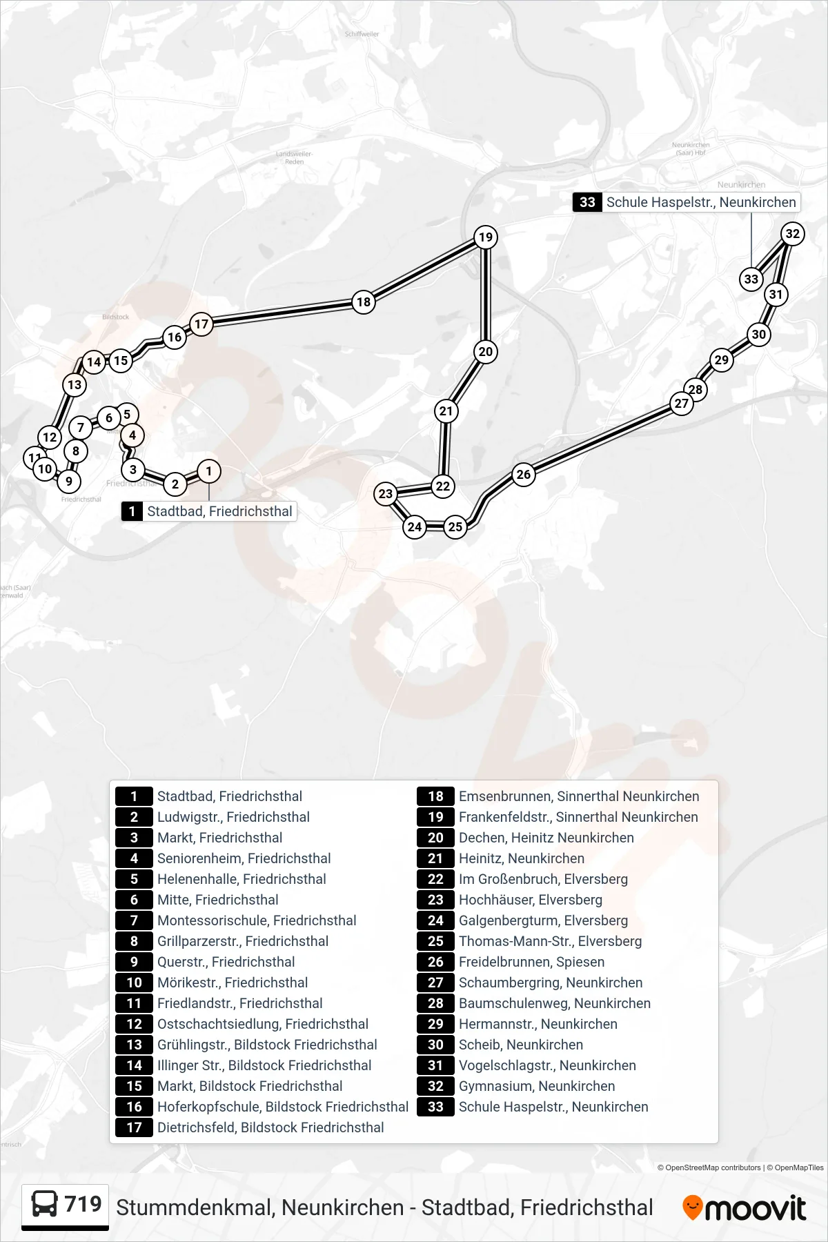 719 bus Line (Schule Haspelstr., Neunkirchen) route and stops on a map