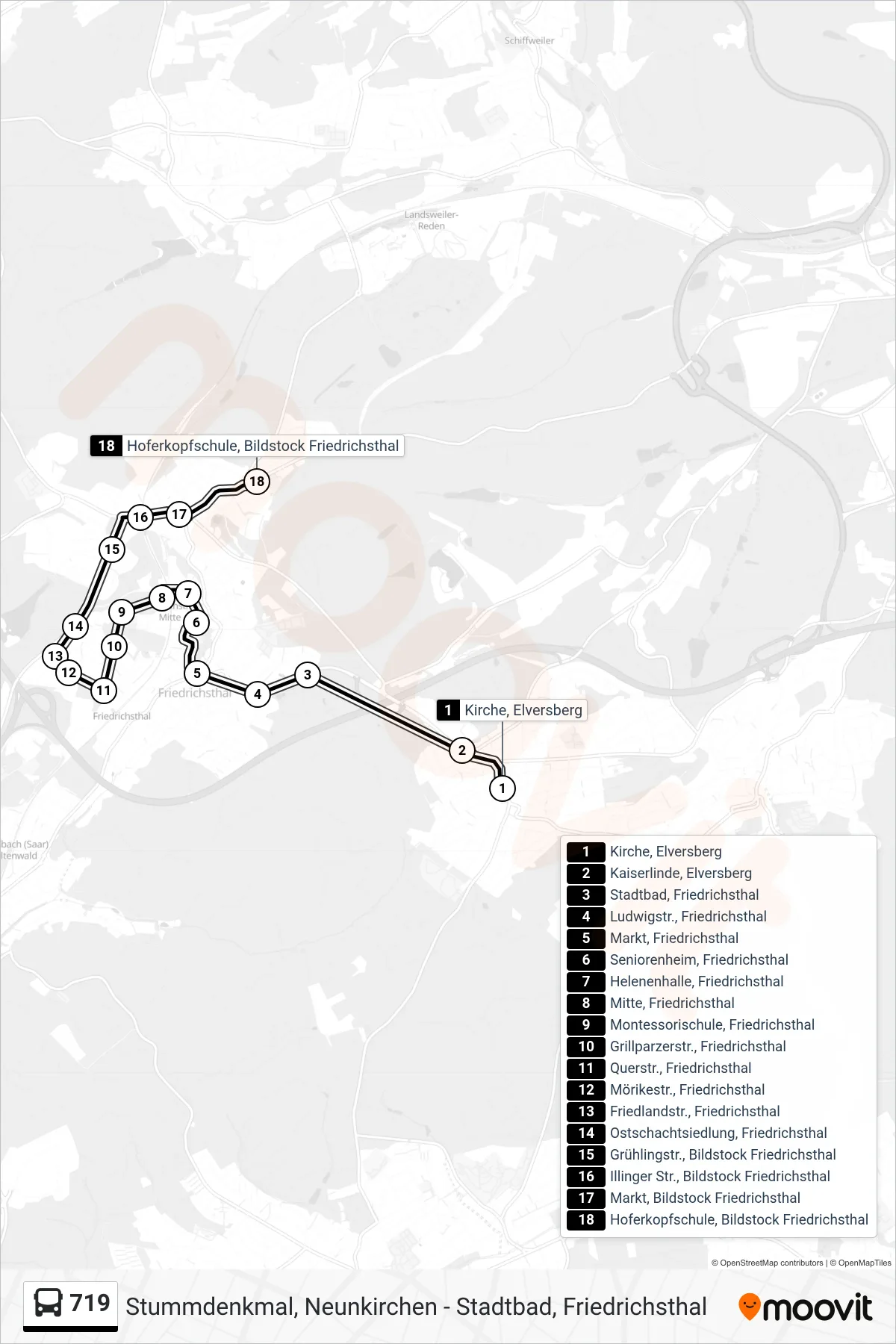 719 bus Line (Hoferkopfschule, Bildstock Friedrichsthal) route and stops on a map