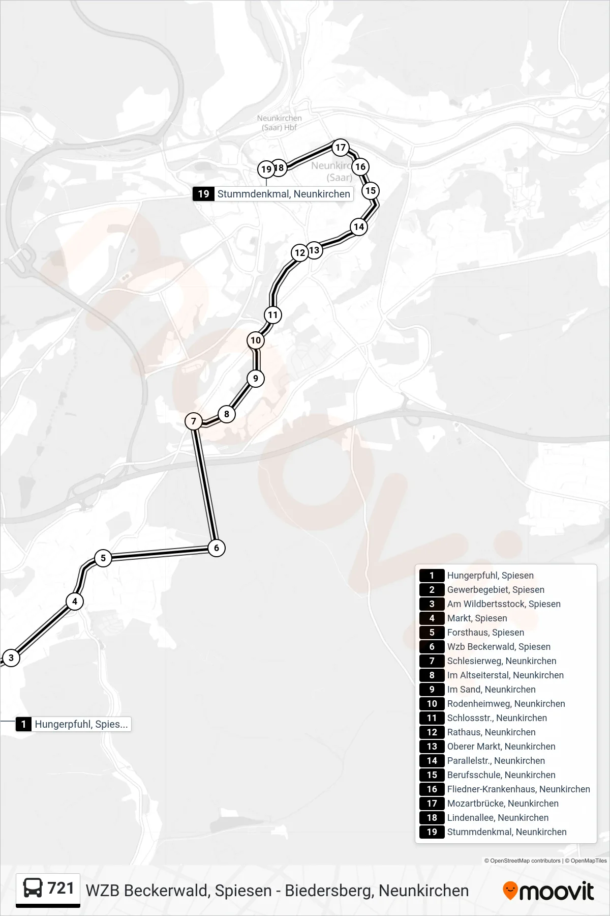 Linie 721 (Bus) Richtung Stummdenkmal, Neunkirchen: Route und Haltestellen auf der Karte