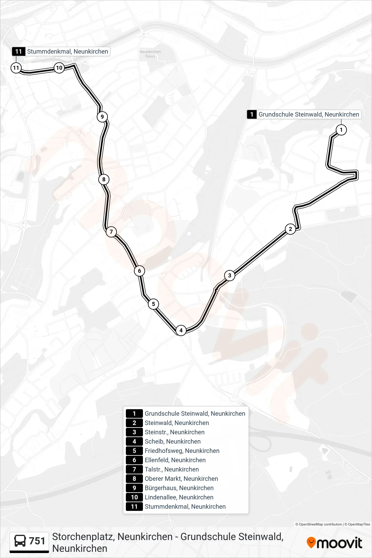 751 bus Line (Stummdenkmal, Neunkirchen) route and stops on a map