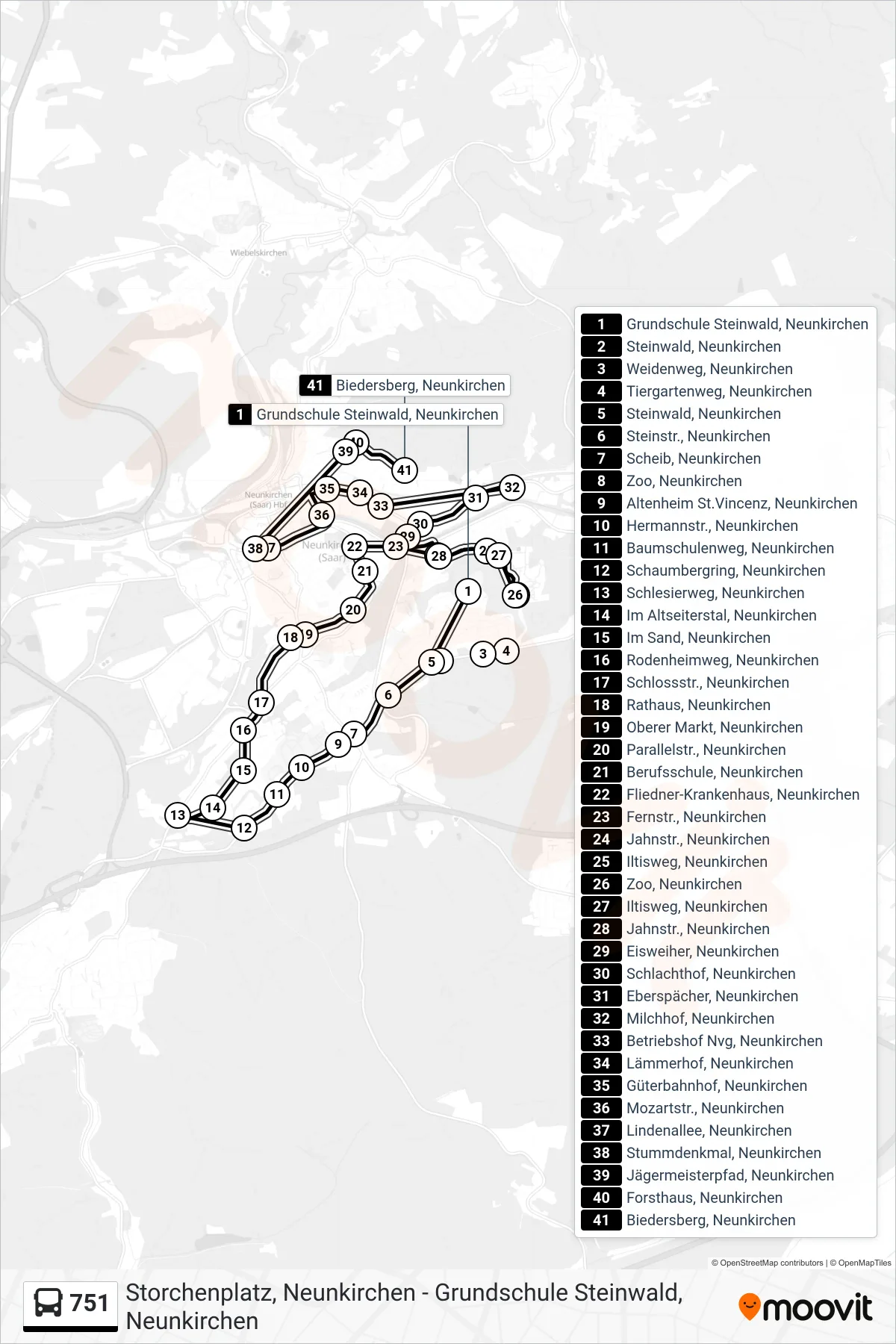 751 bus Line (Biedersberg, Neunkirchen) route and stops on a map