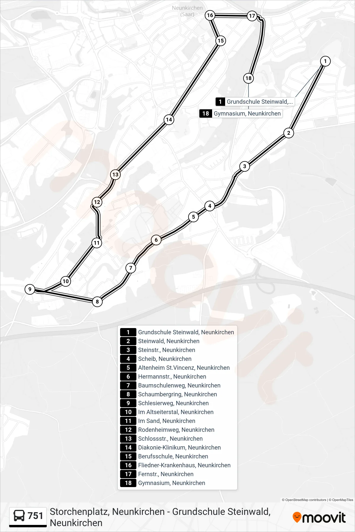 Linie 751 (Bus) Richtung Gymnasium, Neunkirchen: Route und Haltestellen auf der Karte
